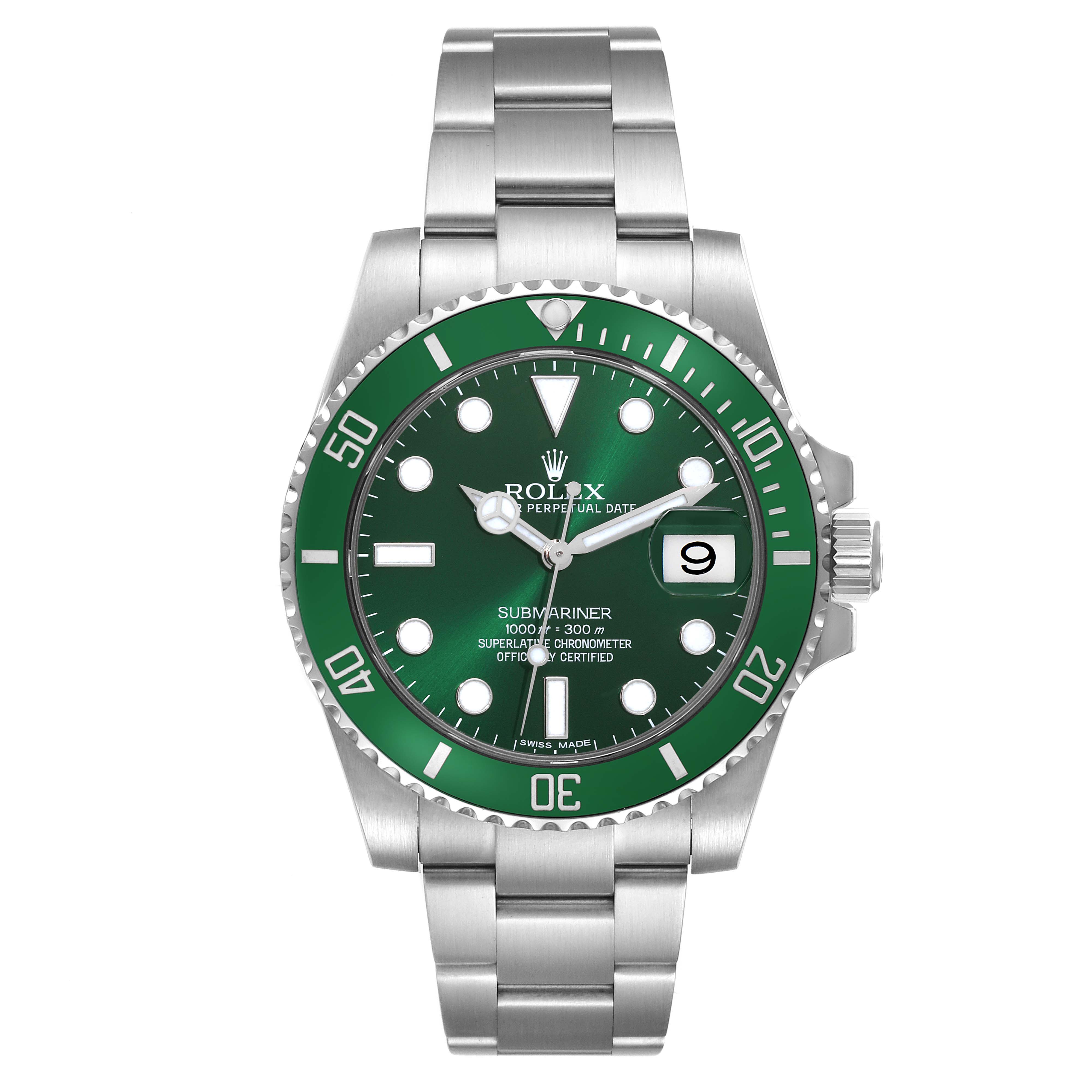 This is a front view of a Rolex Submariner 116610LV Men's Stainless Steel Green Dial 116610LV Men's Stainless Steel Green Dial watch, showing its green dial, bezel, and stainless steel bracelet.