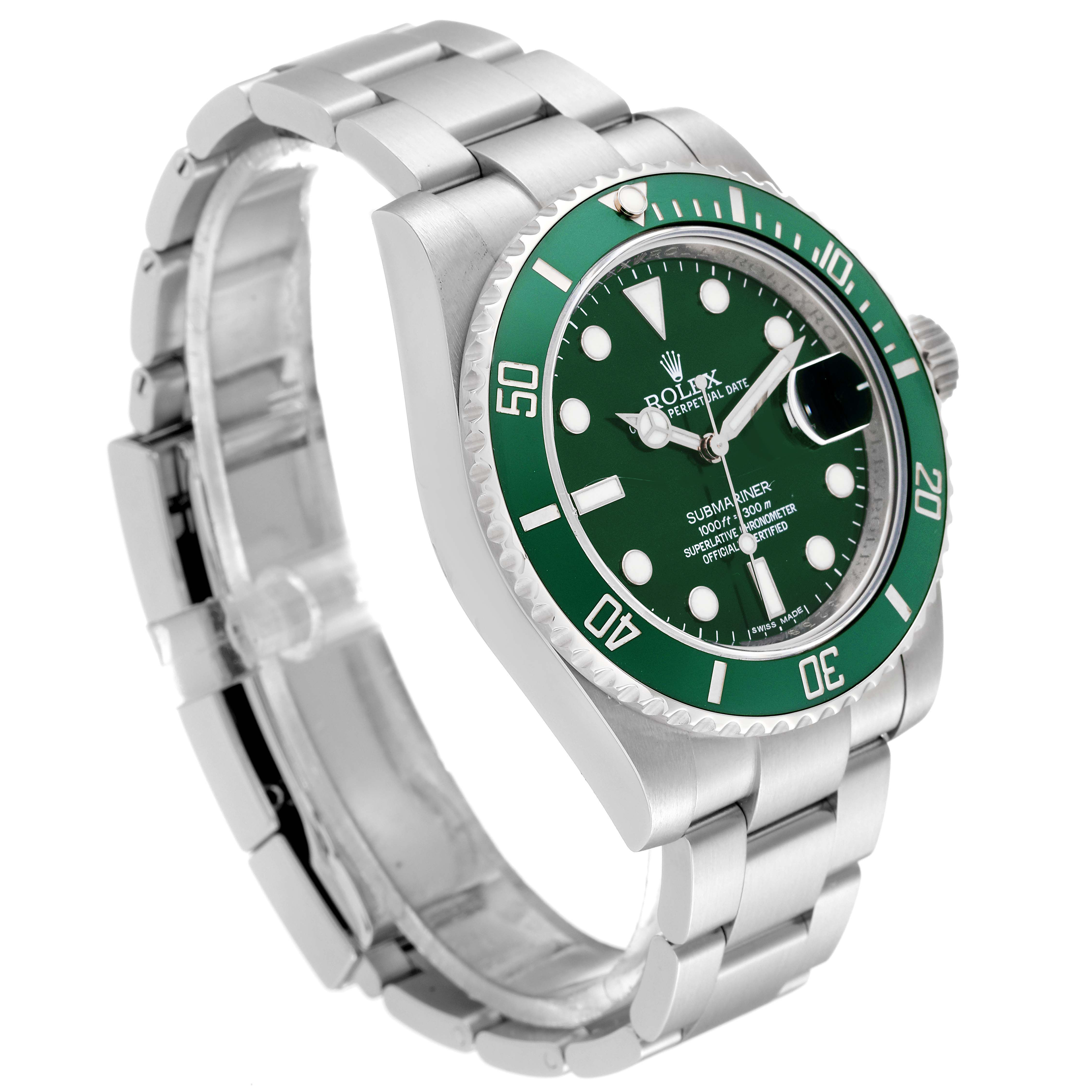 This Rolex Submariner 116610LV Men
s Stainless Steel Green Dial 116610LV Men
s Stainless Steel Green Dial watch is shown at an angled view highlighting its green dial, bezel, and stainless steel bracelet.