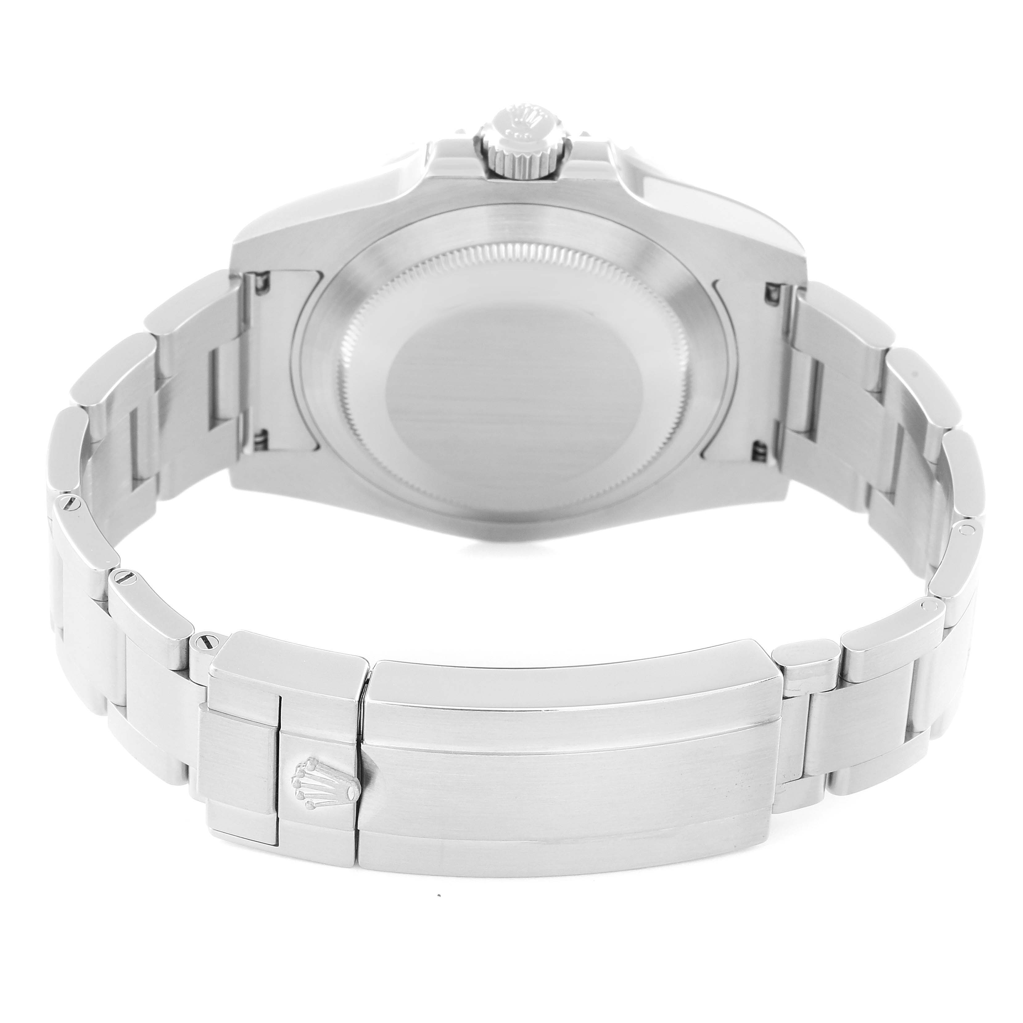 The image shows the back case and clasp of a Rolex Submariner 116610LV Men
s Stainless Steel Green Dial 116610LV Men
s Stainless Steel Green Dial watch from a rear angle.