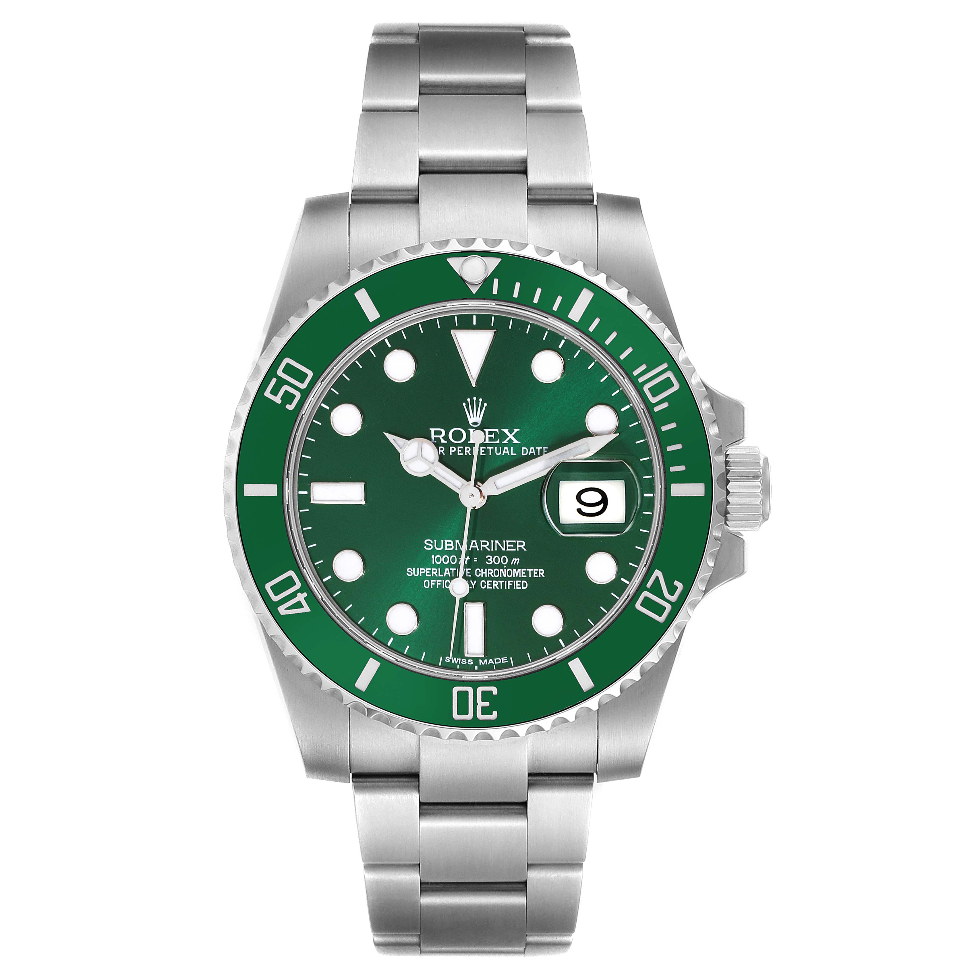The image shows a Rolex Submariner 116610LV Men
s Stainless Steel Green Dial 116610LV Men
s Stainless Steel Green Dial watch with a green bezel and dial, viewed head-on with its stainless steel bracelet fully visible.
