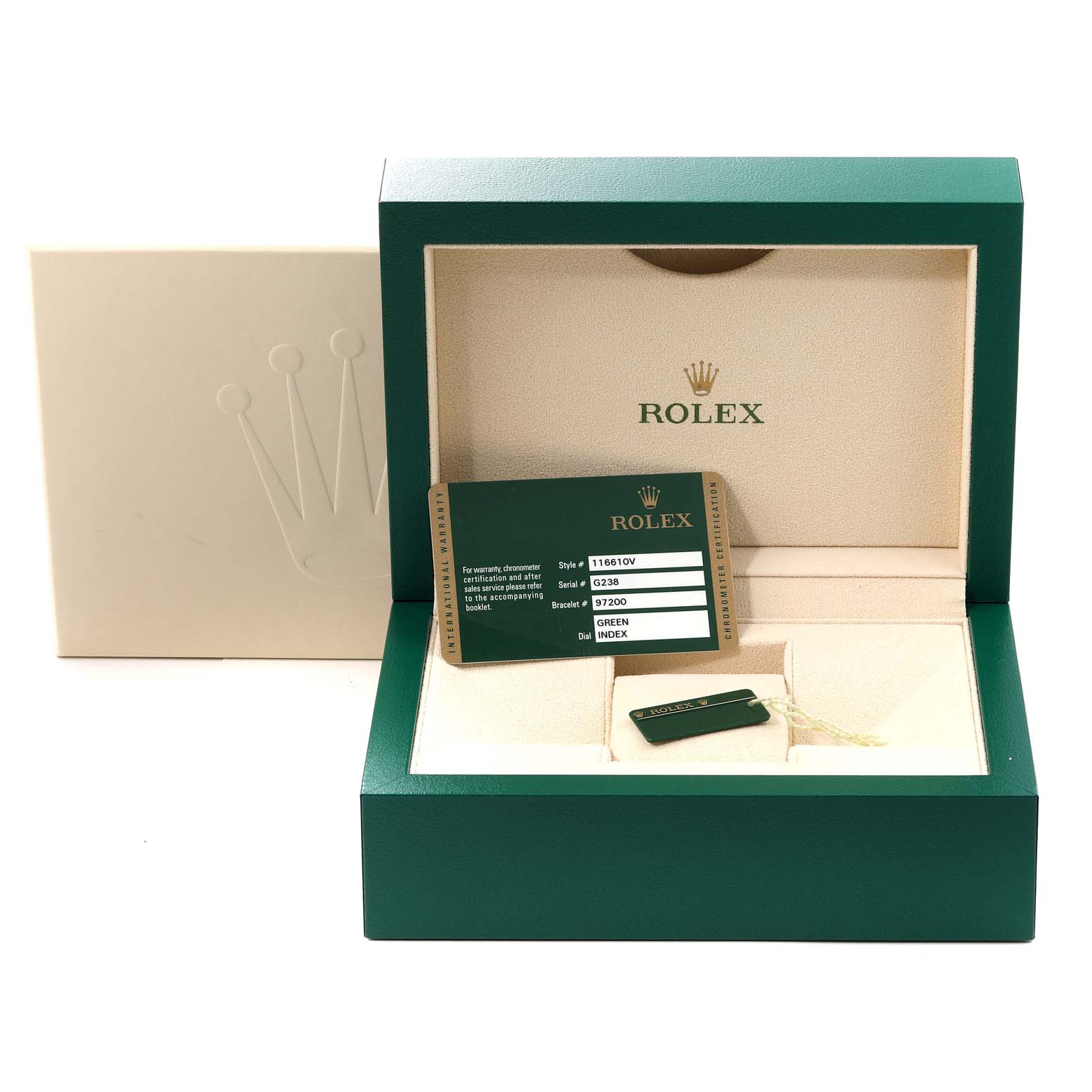 The image shows a Rolex Submariner 116610LV Men
s Stainless Steel Green Dial 116610LV Men
s Stainless Steel Green Dial model packaging box with a warranty card and a tag inside.