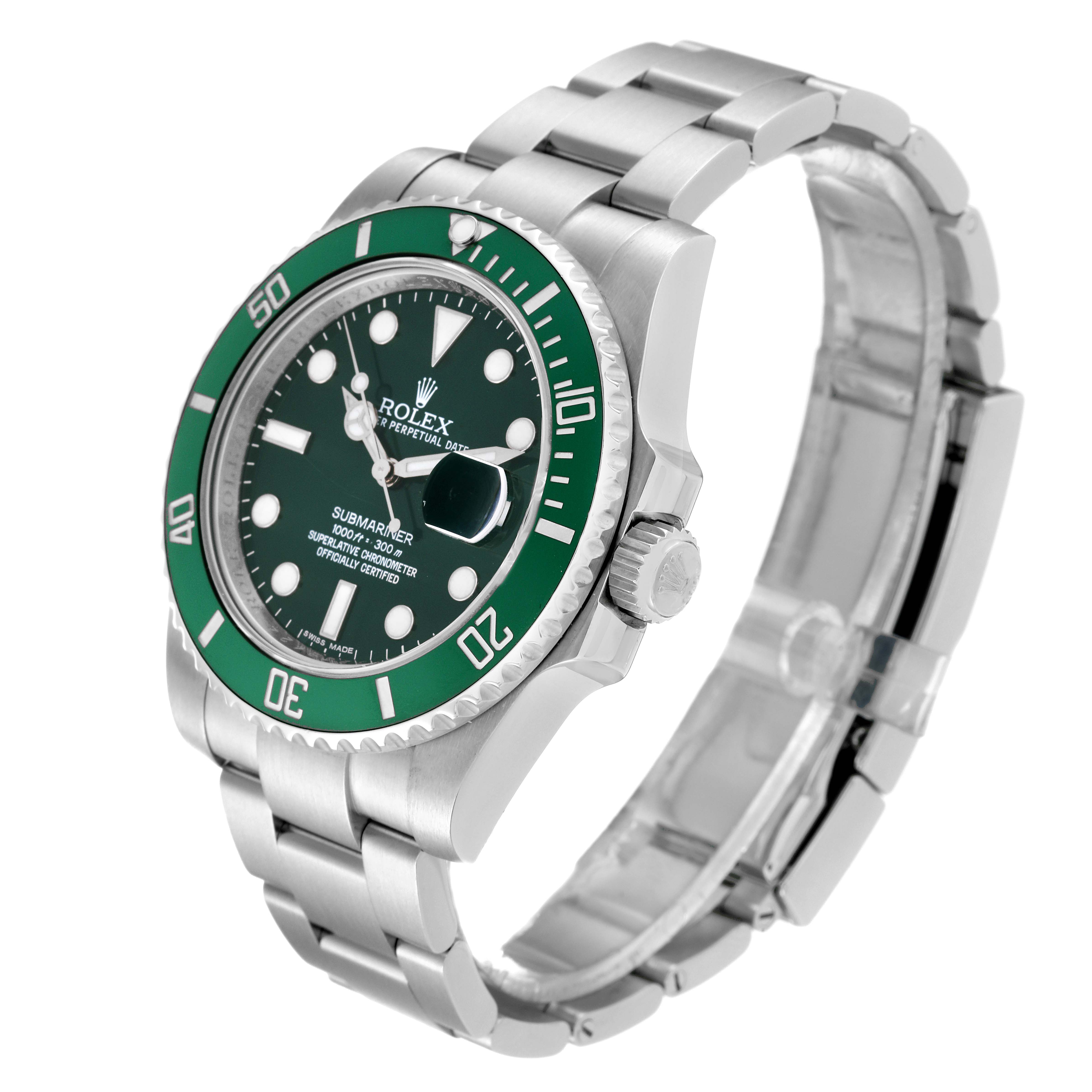 The image shows a Rolex Submariner 116610LV Men
s Stainless Steel Green Dial 116610LV Men
s Stainless Steel Green Dial watch from a three-quarter angle, highlighting its green bezel, dial, and stainless steel bracelet.