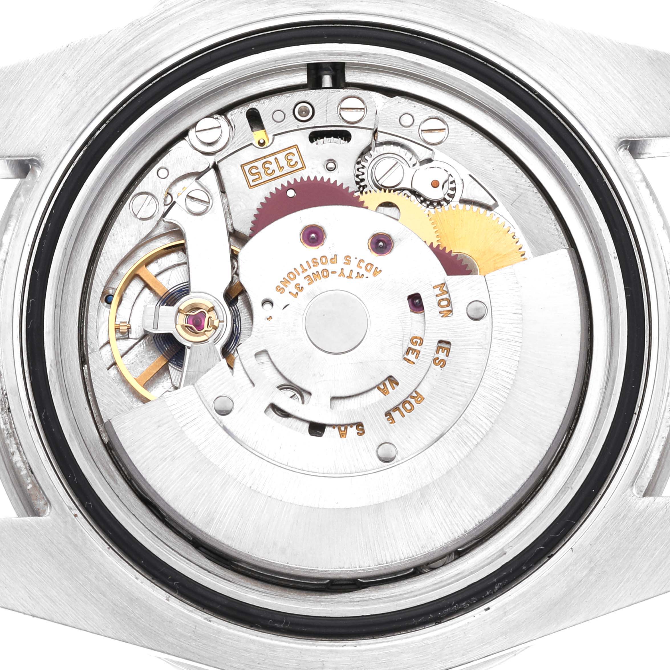 The image shows the internal movement mechanism of the Rolex Submariner 116610LV Men
s Stainless Steel Green Dial 116610LV Men
s Stainless Steel Green Dial watch from a top-down angle.