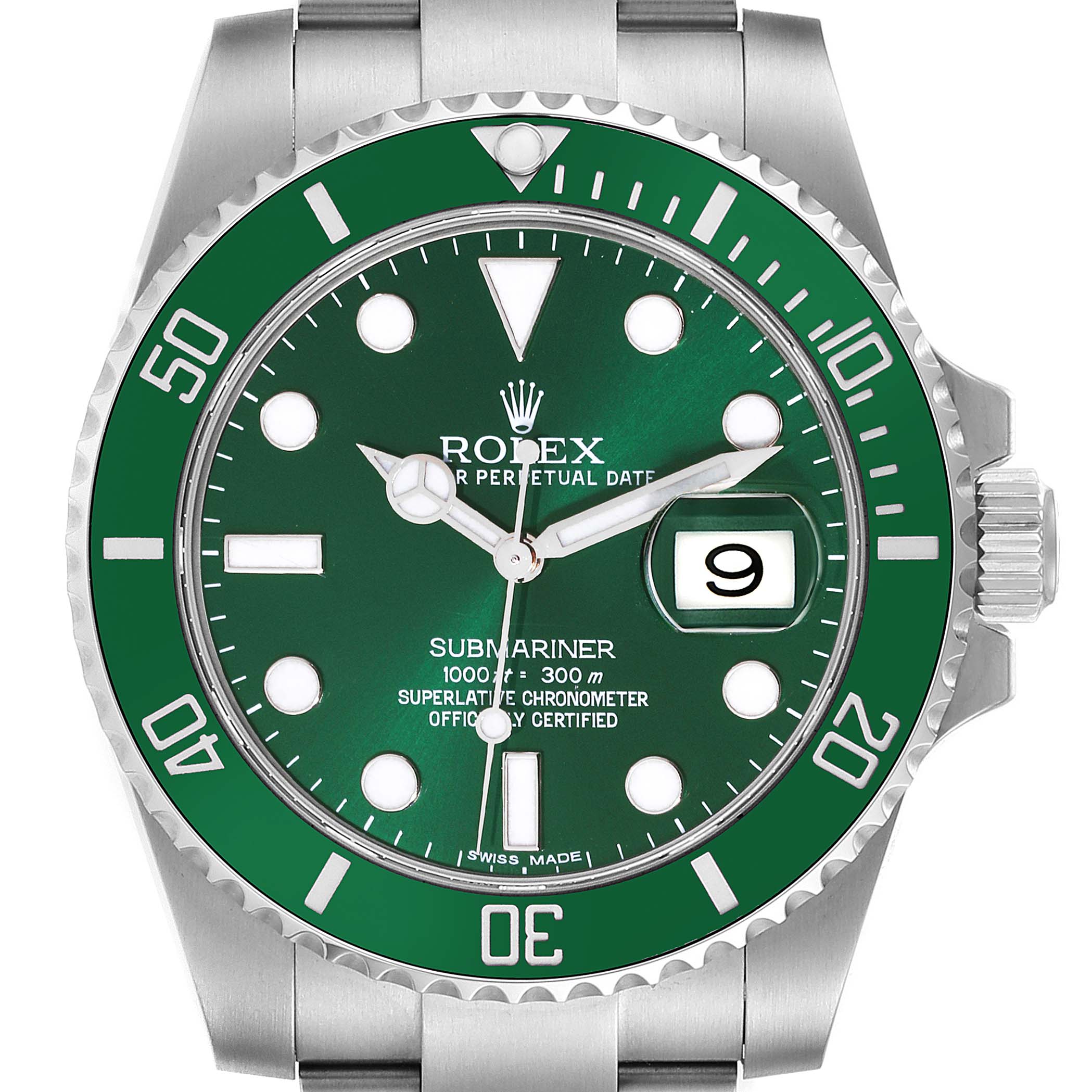 The image shows a close-up, front view of a Rolex Submariner 116610LV Men
s Stainless Steel Green Dial 116610LV Men
s Stainless Steel Green Dial watch, highlighting its green dial, bezel, and date display.