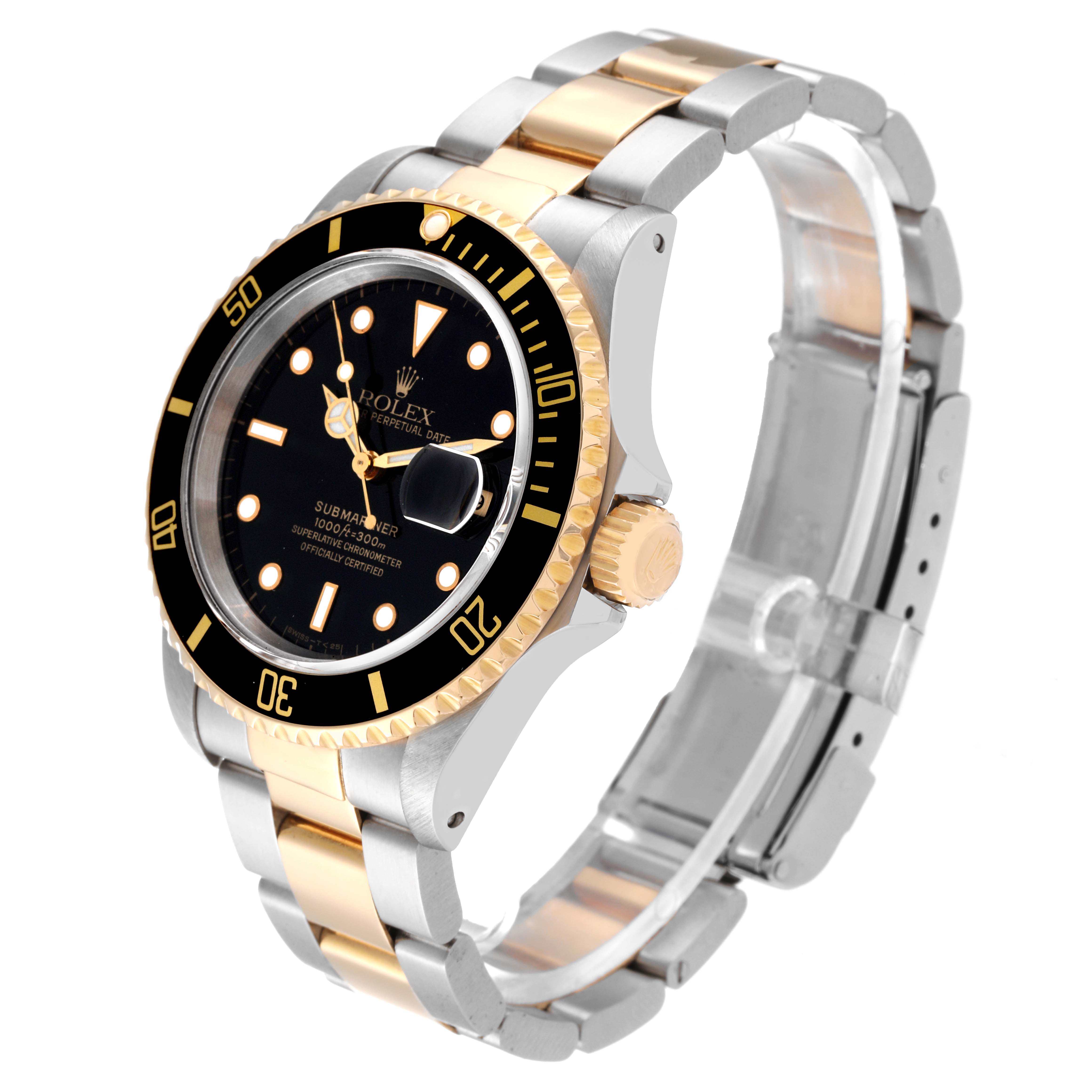 This Rolex Submariner 16613 Men
s Steel and Gold (two tone) Black Dial 16613 Men
s Steel and Gold (two tone) Black Dial watch is shown at an angled side view, highlighting the dial, bezel, crown, and bracelet.