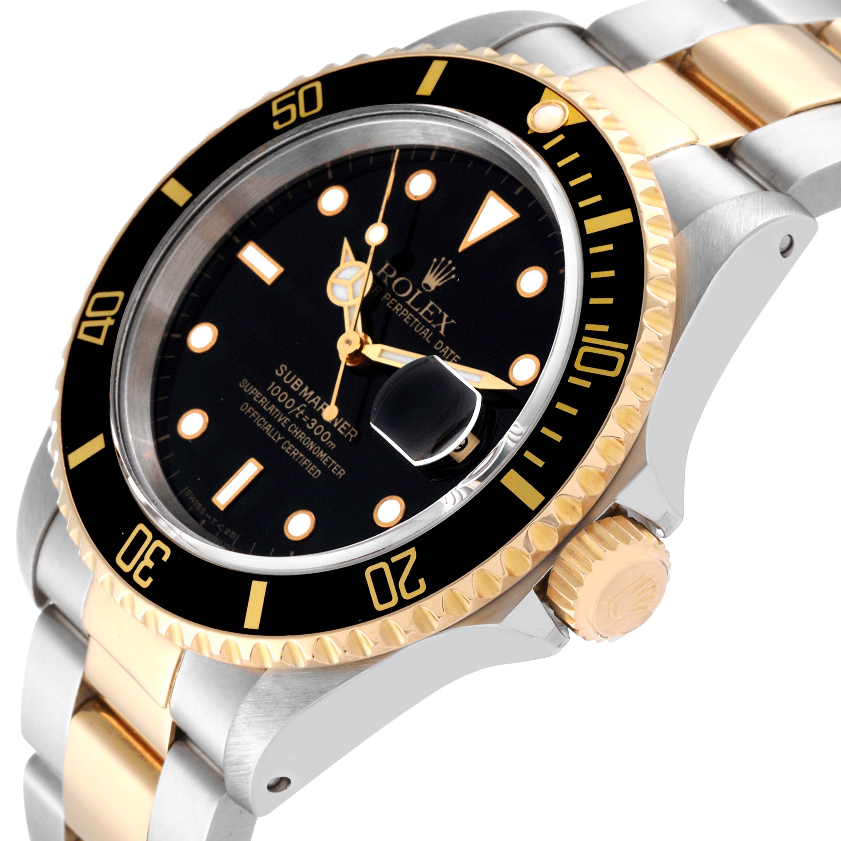 The image shows a black Rolex Submariner 16613 Men
s Steel and Gold (two tone) Black Dial 16613 Men
s Steel and Gold (two tone) Black Dial watch from an angled view, highlighting its gold bezel, black dial, and two-tone strap.