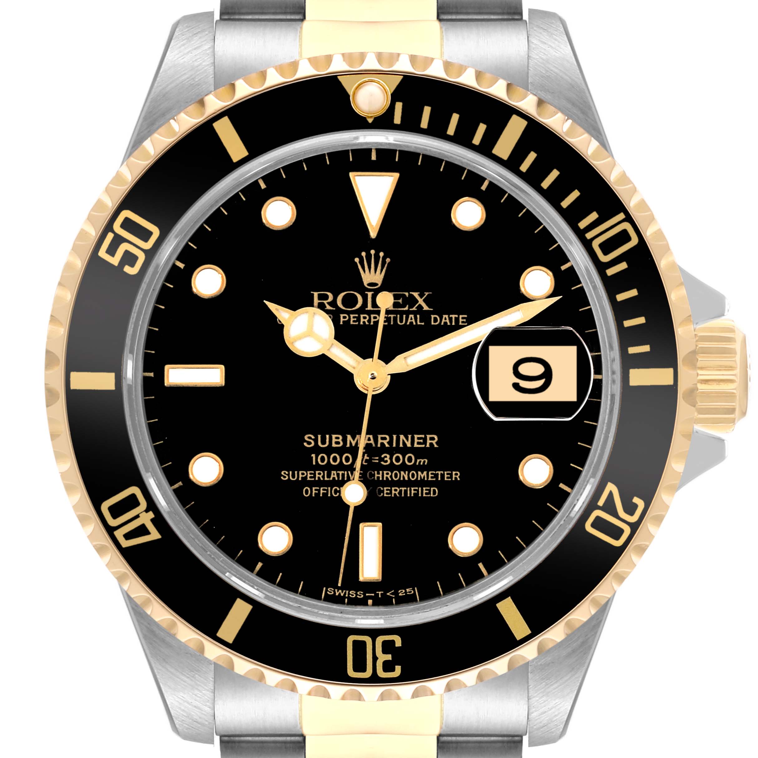 This image shows a Rolex Submariner 16613 Men
s Steel and Gold (two tone) Black Dial 16613 Men
s Steel and Gold (two tone) Black Dial watch from the front, highlighting the dial, bezel, hands, and date window.