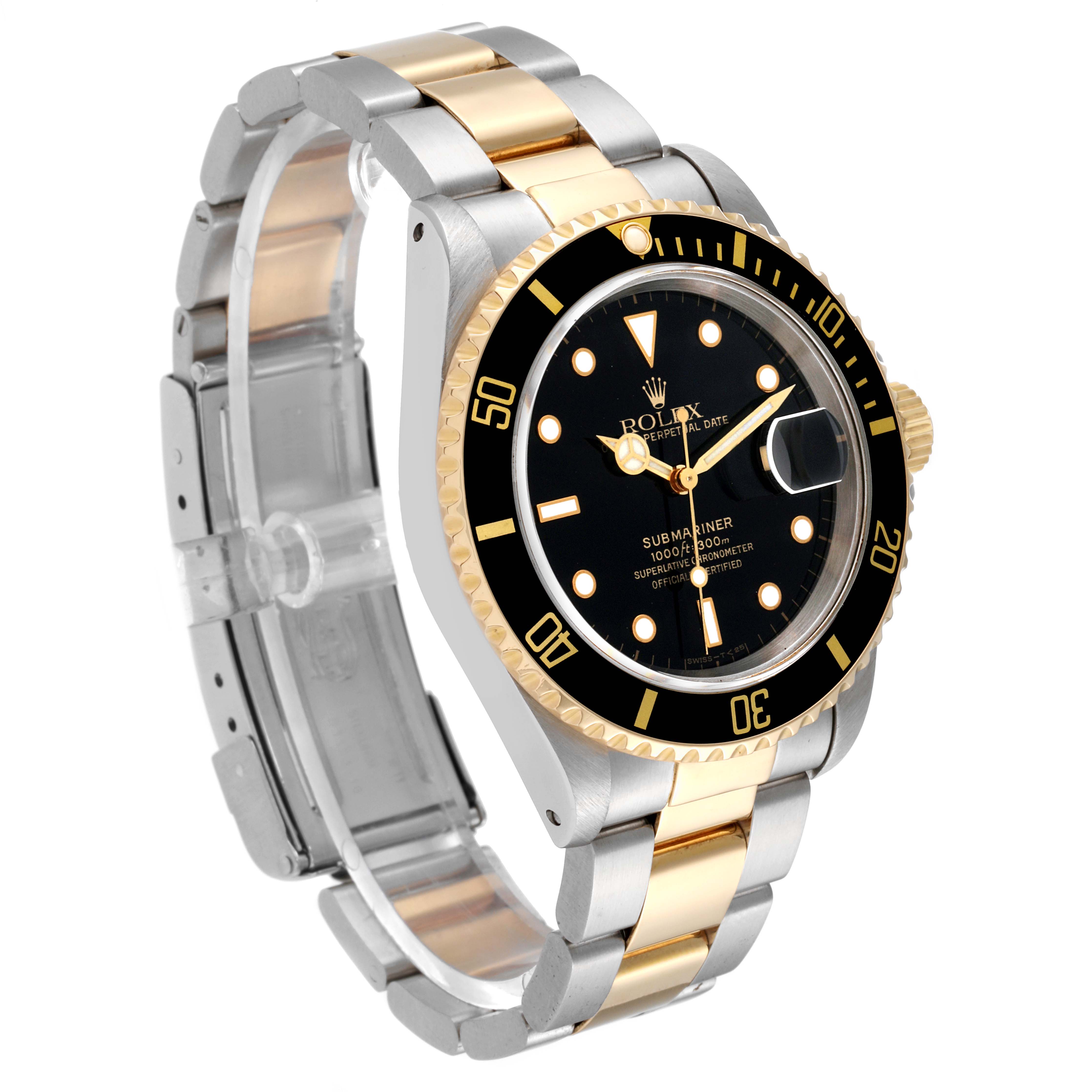 The image shows a side view of a Rolex Submariner 16613 Men
s Steel and Gold (two tone) Black Dial 16613 Men
s Steel and Gold (two tone) Black Dial watch, highlighting its two-tone bracelet and black bezel.