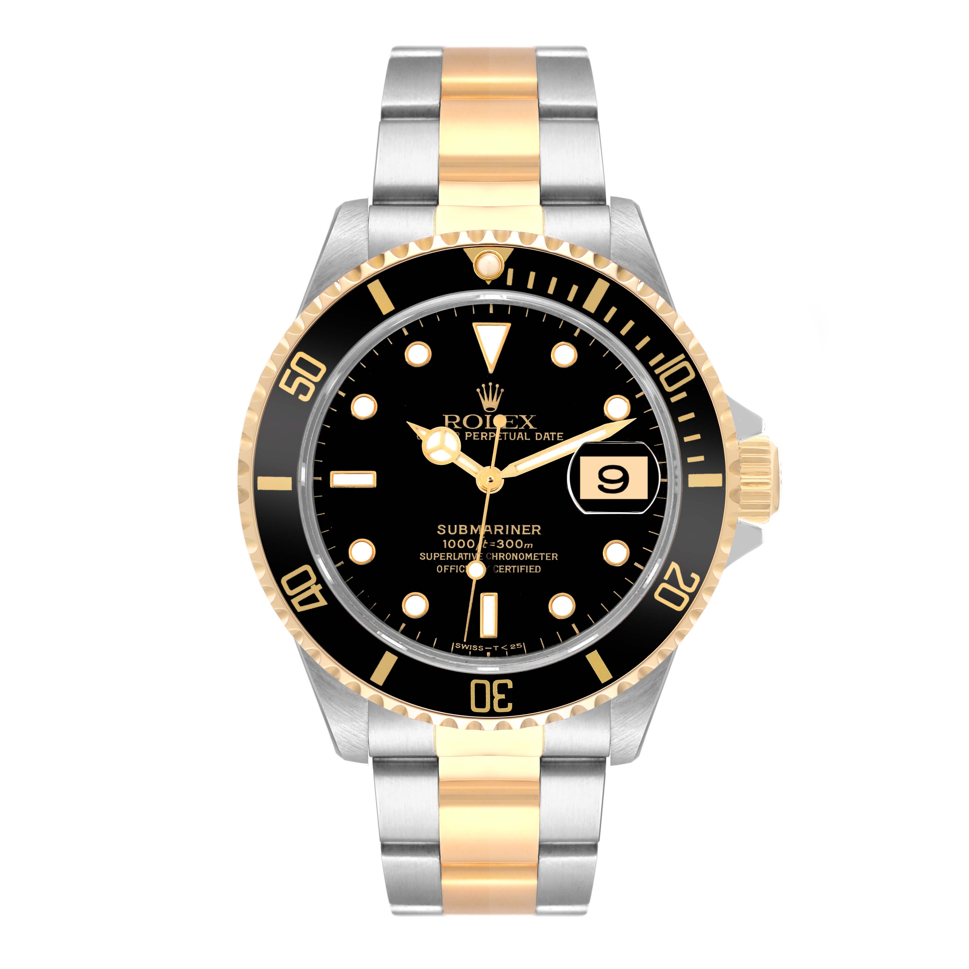 The image shows a frontal view of a Rolex Submariner 16613 Men
s Steel and Gold (two tone) Black Dial 16613 Men
s Steel and Gold (two tone) Black Dial watch, highlighting its black dial, date window, and two-tone metal bracelet.