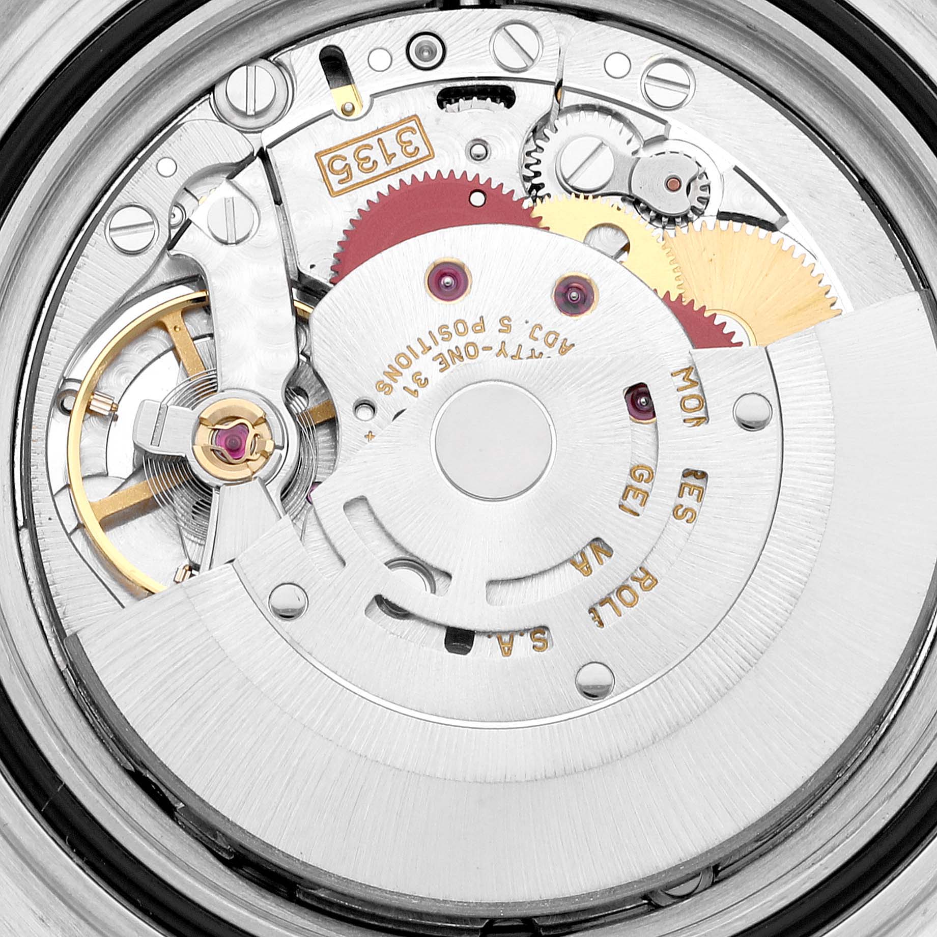 The image shows the intricate inner mechanism of a Rolex Submariner 16613 Men
s Steel and Gold (two tone) Black Dial 16613 Men
s Steel and Gold (two tone) Black Dial watch, including gears and rotor from a close-up, top-down angle.