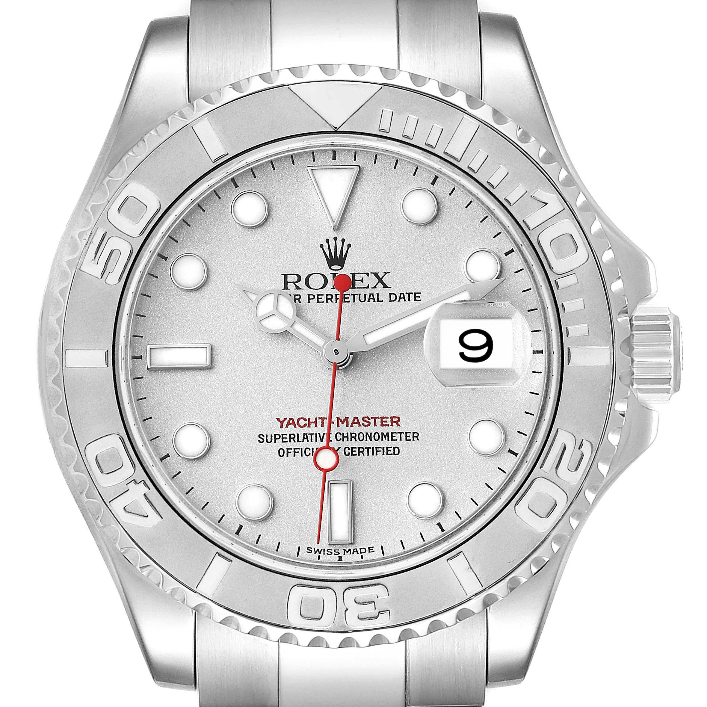 This is a close-up, front-facing image of the Rolex Yacht-Master 16622 Men's Stainless Steel Silver Dial 16622 Men's Stainless Steel Silver Dial watch showing the dial and bezel.