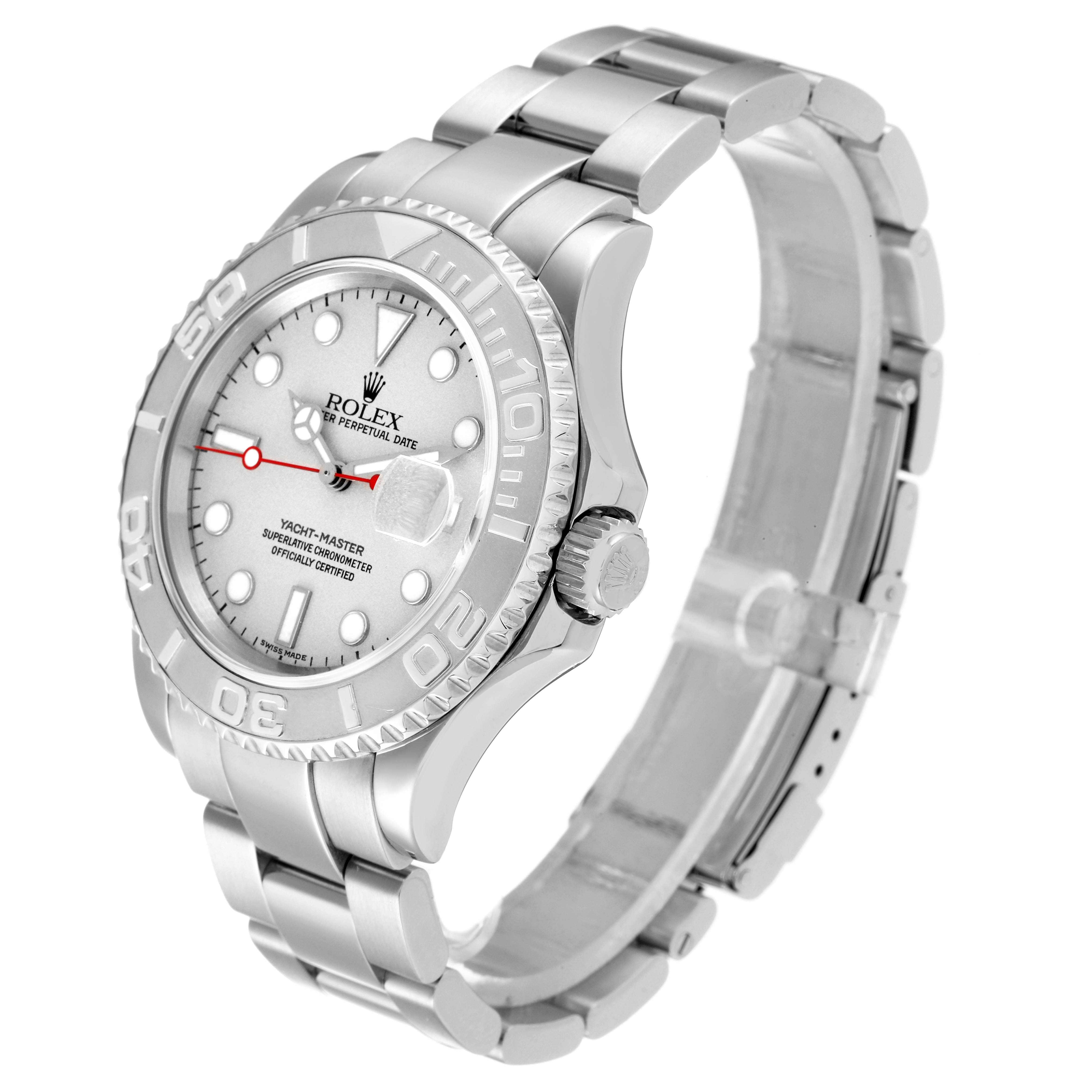 The Rolex Yacht-Master 16622 Men's Stainless Steel Silver Dial 16622 Men's Stainless Steel Silver Dial watch is shown from an angled side view, displaying the face, bezel, crown, and bracelet.