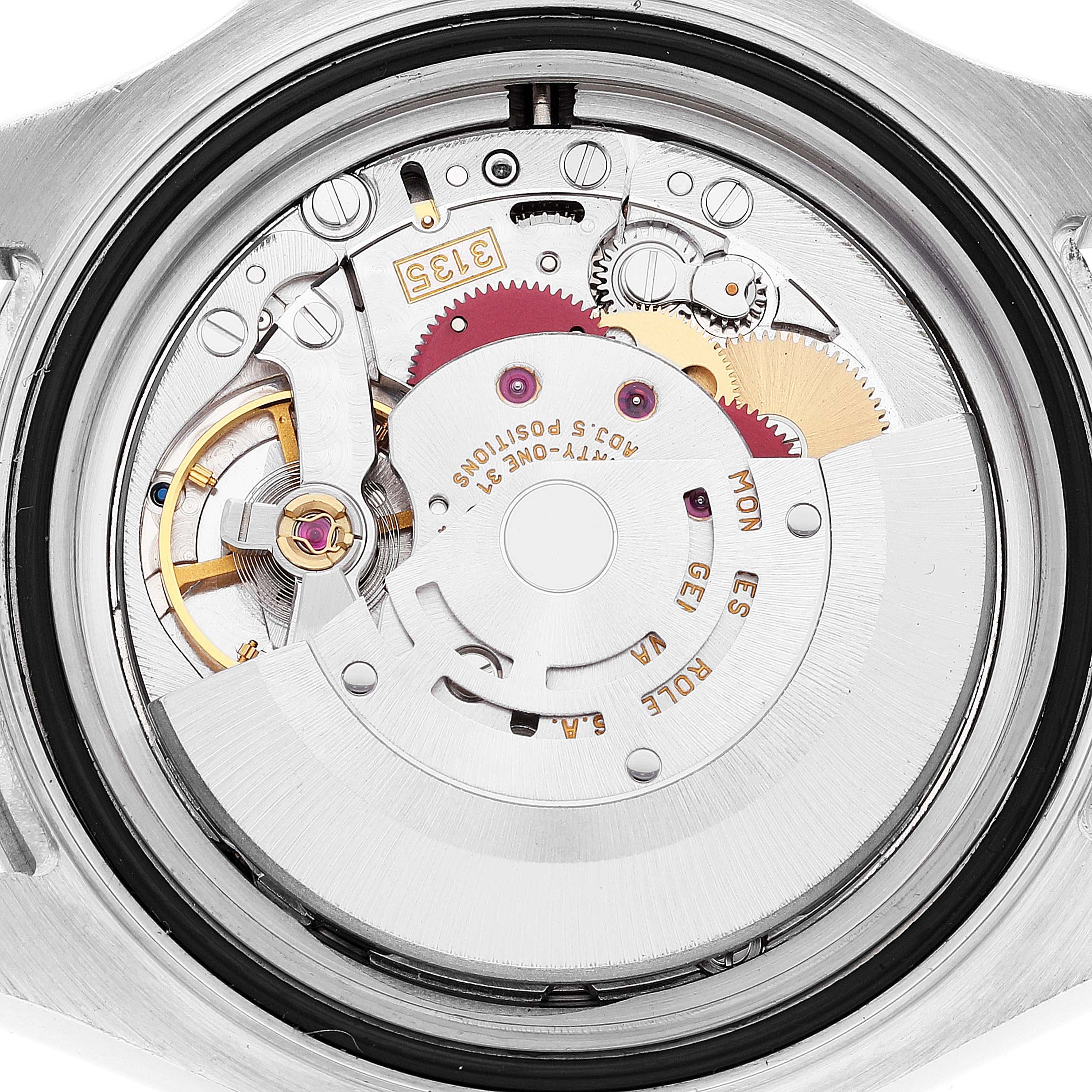 This is an inside view of the Rolex Yacht-Master 16622 Men's Stainless Steel Silver Dial 16622 Men's Stainless Steel Silver Dial's movement mechanism showing the intricate gears and components.