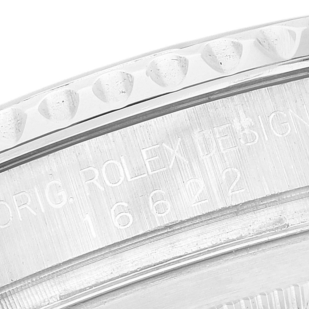 This image shows a close-up of the case and bezel of the Rolex Yacht-Master 16622 Men's Stainless Steel Silver Dial 16622 Men's Stainless Steel Silver Dial watch, model number 16622.
