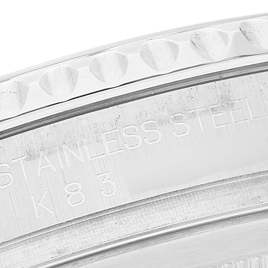 This close-up image shows the bezel and part of the stainless steel engraving on the Rolex Yacht-Master 16622 Men's Stainless Steel Silver Dial 16622 Men's Stainless Steel Silver Dial watch.