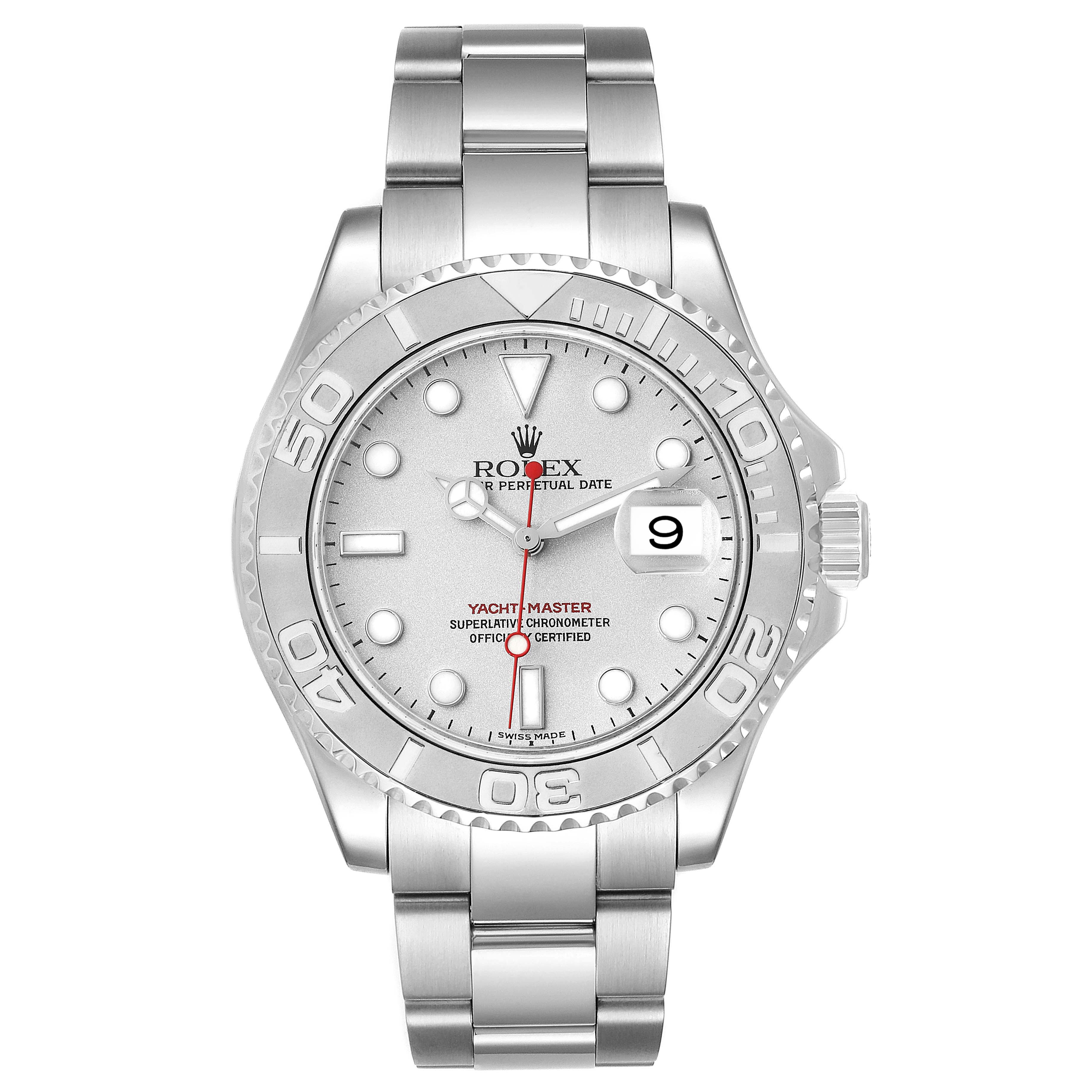 The Rolex Yacht-Master 16622 Men's Stainless Steel Silver Dial 16622 Men's Stainless Steel Silver Dial watch is shown from a front angle, displaying its face, bezel, crown, and bracelet.