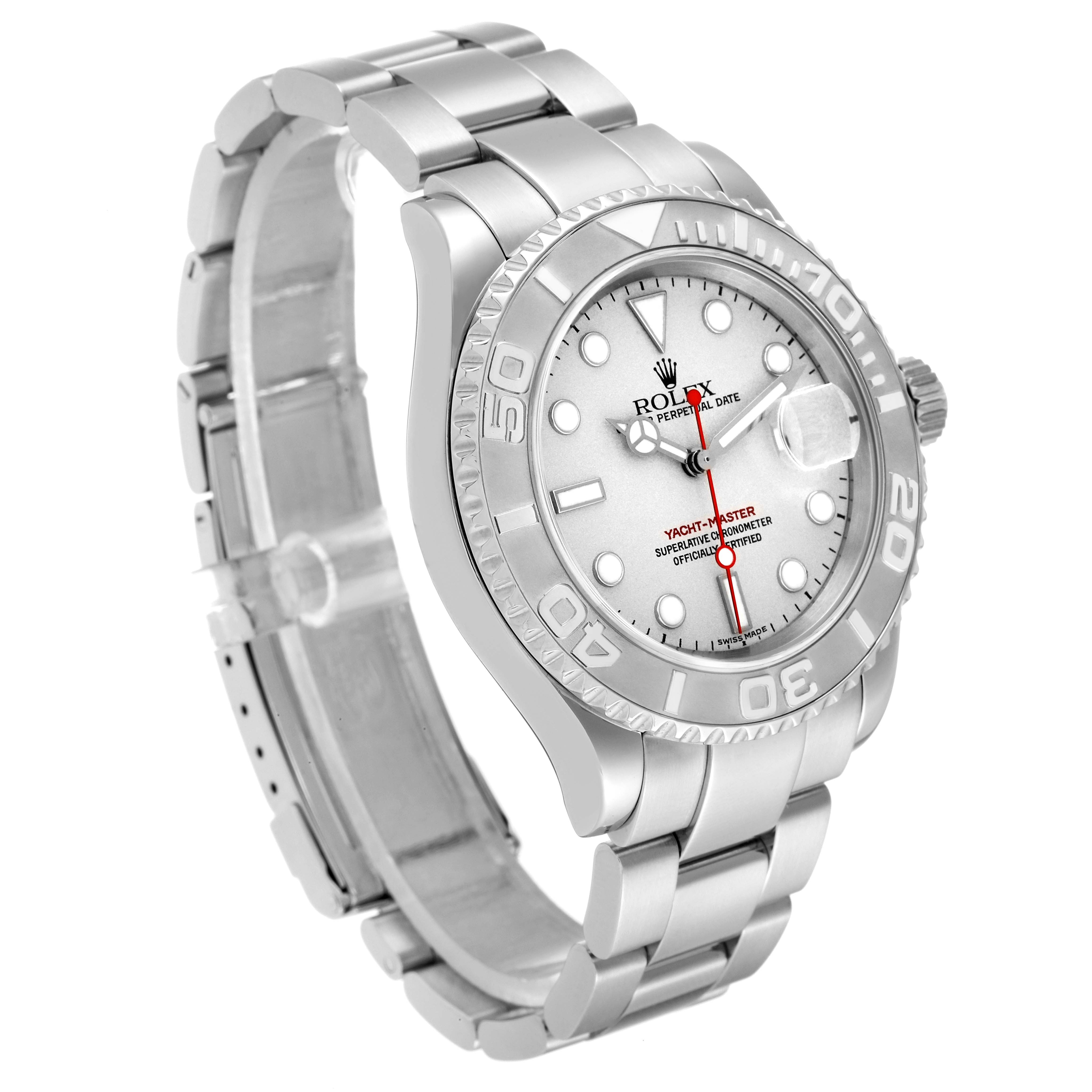 The Rolex Yacht-Master 16622 Men's Stainless Steel Silver Dial 16622 Men's Stainless Steel Silver Dial watch is shown at an angle highlighting the face, bezel, crown, and part of the bracelet.