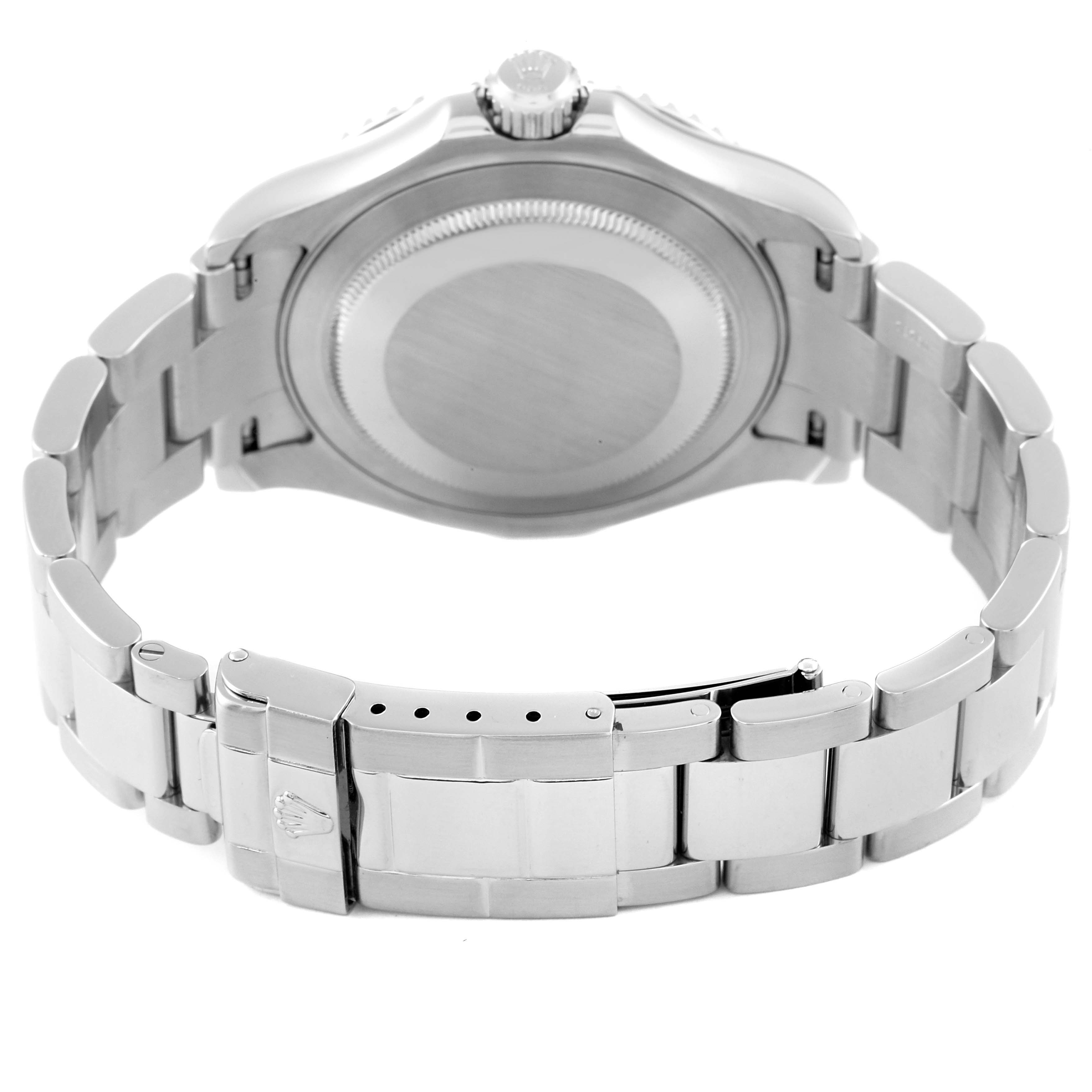 This image shows the back view of a Rolex Yacht-Master 16622 Men's Stainless Steel Silver Dial 16622 Men's Stainless Steel Silver Dial watch, highlighting the caseback and bracelet clasp.