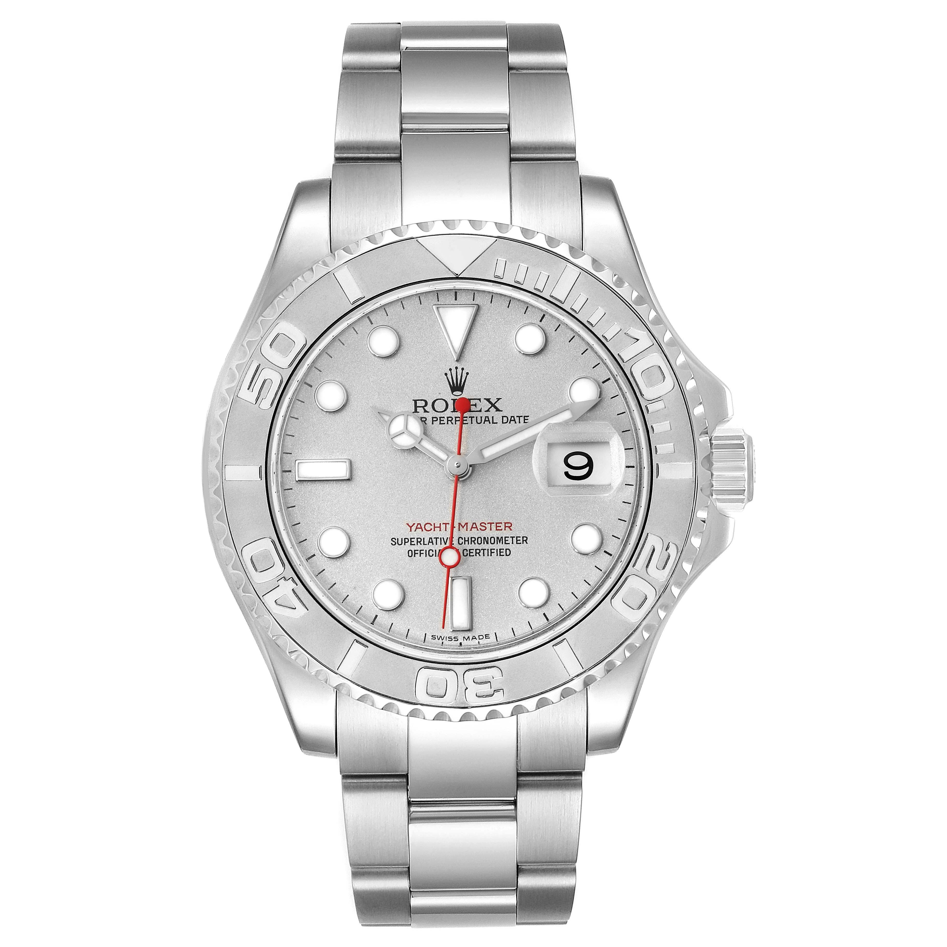 This image shows a front view of a Rolex Yacht-Master 16622 Men's Platinum Silver Dial 16622 Men's Platinum Silver Dial watch, including the dial, bezel, and bracelet.