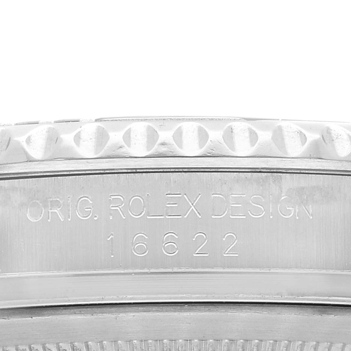 This image shows a close-up of the engraving on the side of a Rolex Yacht-Master 16622 Men's Platinum Silver Dial 16622 Men's Platinum Silver Dial watch case, model number 16622.