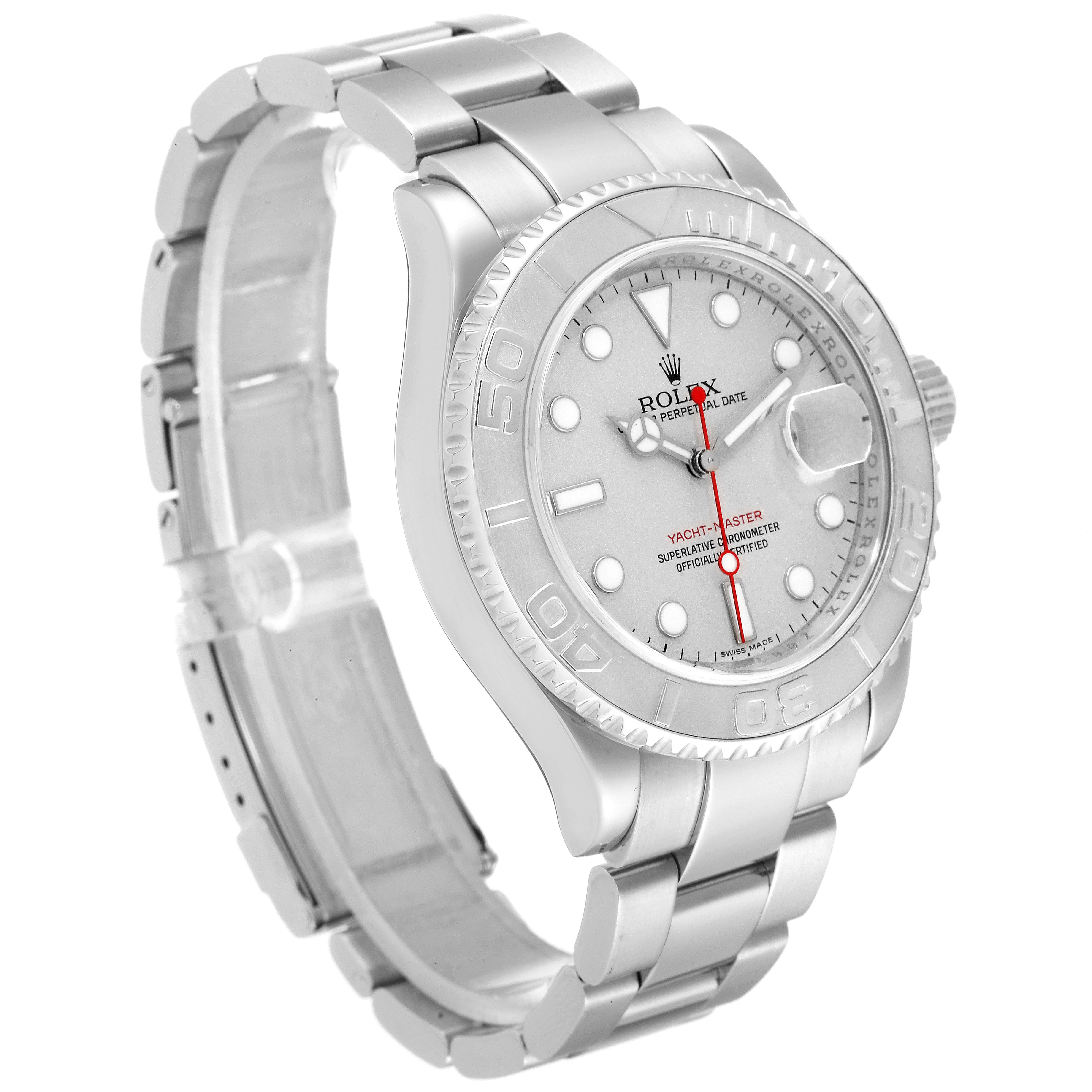 The image shows a Rolex Yacht-Master 16622 Men's Platinum Silver Dial 16622 Men's Platinum Silver Dial watch from an angled side view, highlighting the bracelet, bezel, and dial with markers.