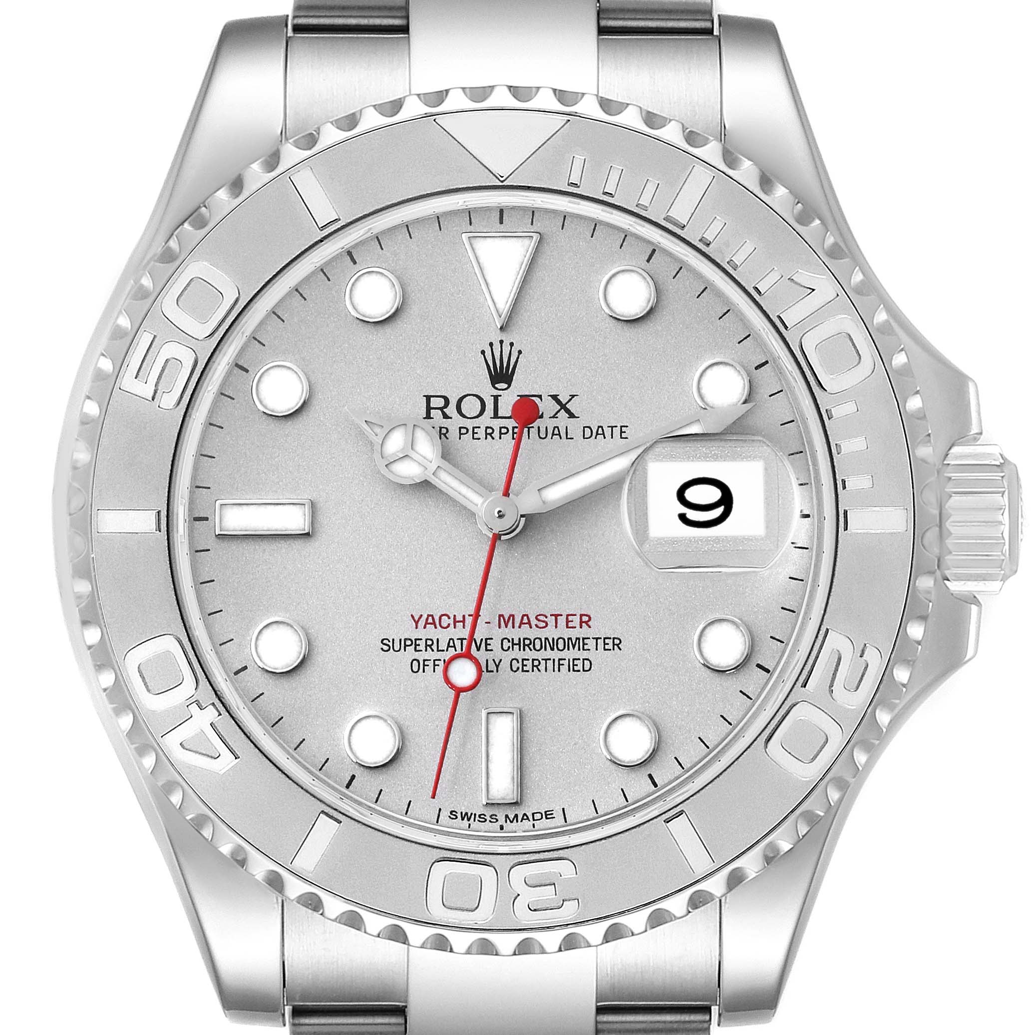 The image shows a front view of the Rolex Yacht-Master 116622 Men's Stainless Steel Silver Dial 116622 Men's Stainless Steel Silver Dial watch displaying the face, bezel, and part of the band.