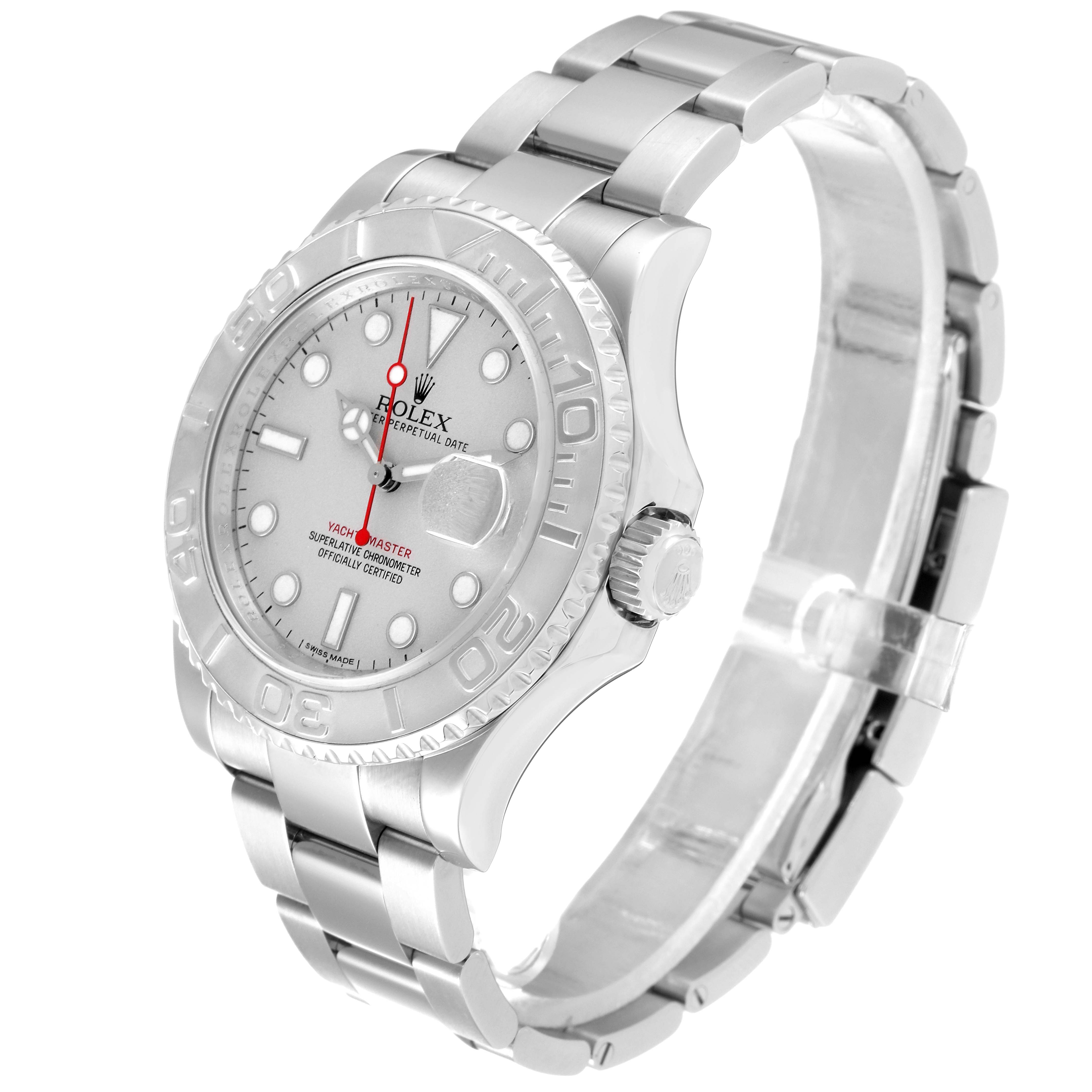 The Rolex Yacht-Master 116622 Men's Stainless Steel Silver Dial 116622 Men's Stainless Steel Silver Dial watch is shown at an angled side view, displaying the dial, bezel, crown, and bracelet.