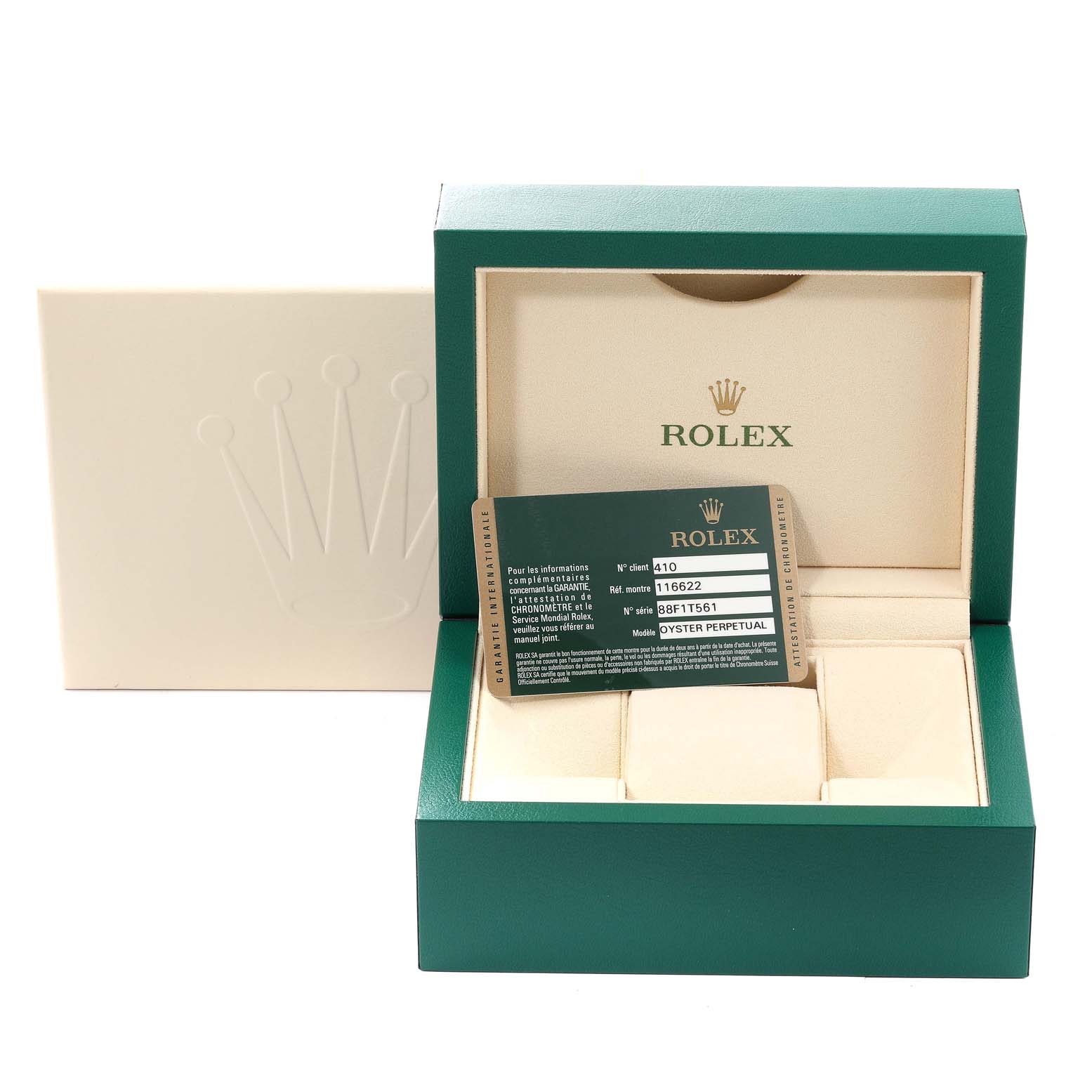 The image shows a green and beige Rolex Yacht-Master 116622 Men's Stainless Steel Silver Dial 116622 Men's Stainless Steel Silver Dial watch box with an identification card propped inside.