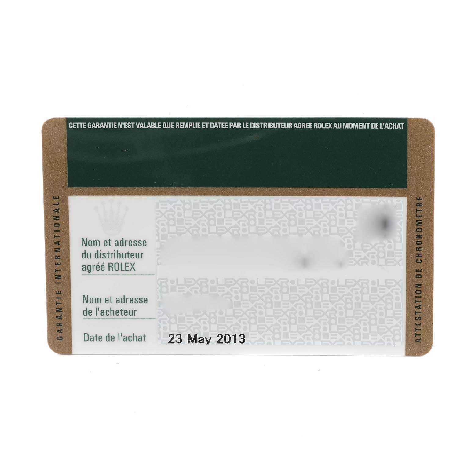 The image shows a warranty card for a Rolex Yacht-Master 116622 Men's Stainless Steel Silver Dial 116622 Men's Stainless Steel Silver Dial watch, including purchase details and dates.
