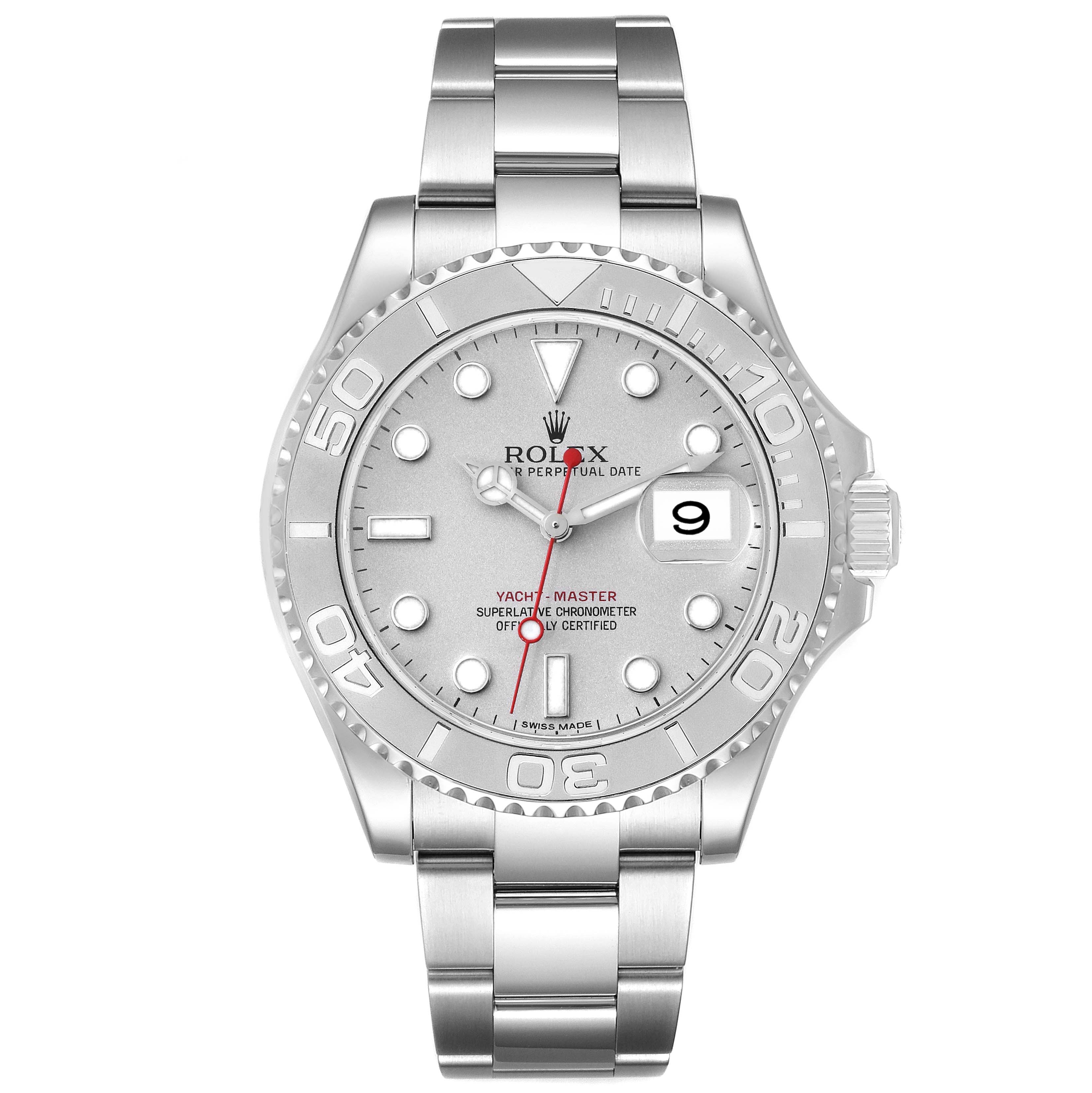 The image shows a front view of a Rolex Yacht-Master 116622 Men's Stainless Steel Silver Dial 116622 Men's Stainless Steel Silver Dial watch, displaying the dial, bezel, bracelet, and date feature.