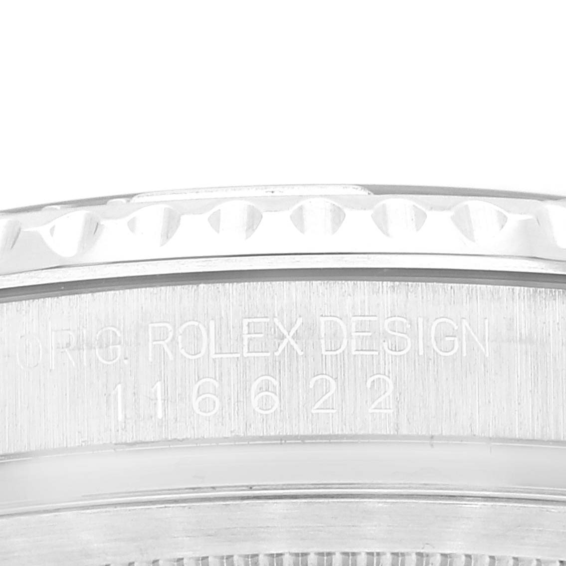 This image shows a close-up of the side of a Rolex Yacht-Master 116622 Men's Stainless Steel Silver Dial 116622 Men's Stainless Steel Silver Dial watch, specifically the bezel and engraved model details.