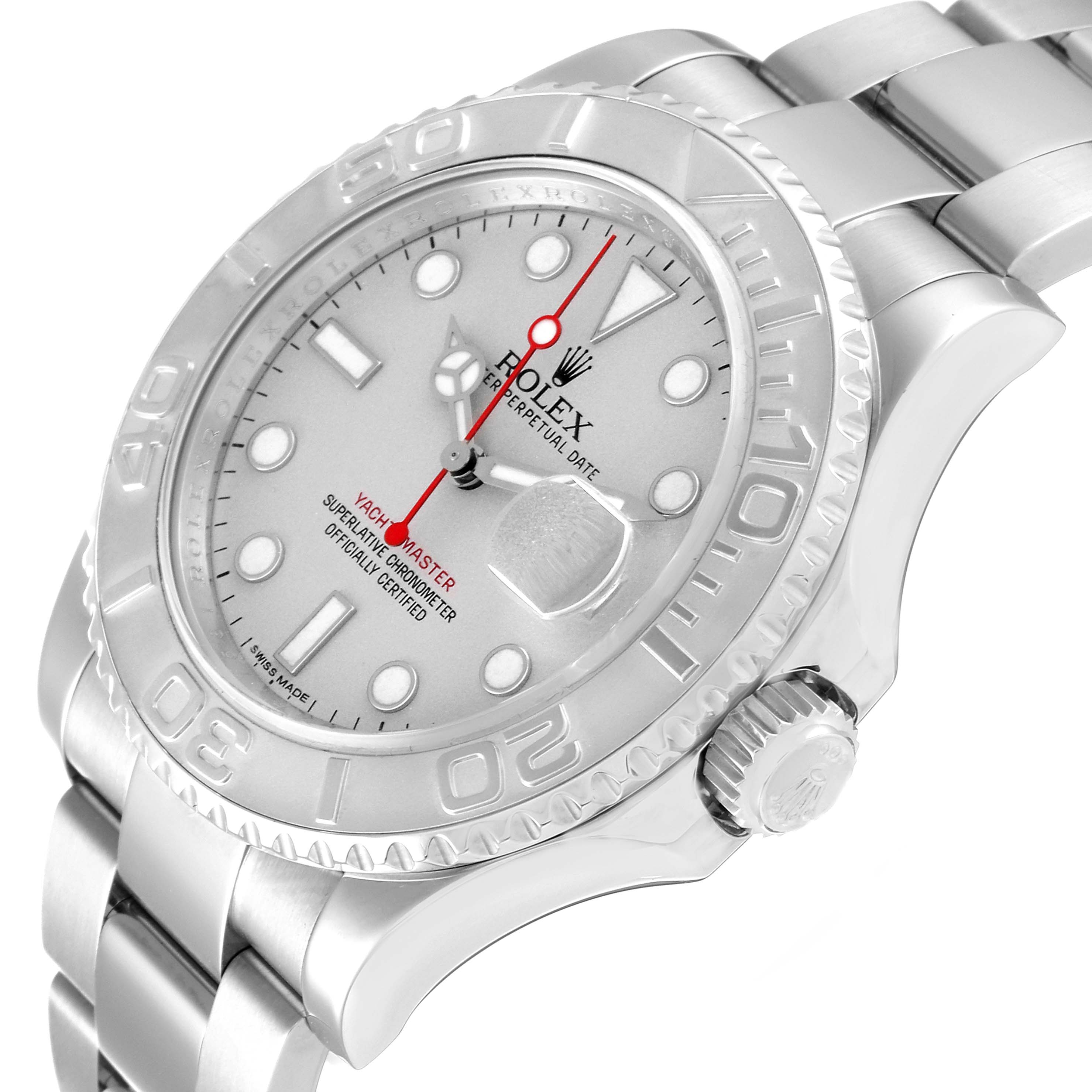 The Rolex Yacht-Master 116622 Men's Stainless Steel Silver Dial 116622 Men's Stainless Steel Silver Dial watch is shown at an angle highlighting the face, bezel, crown, and part of the bracelet.