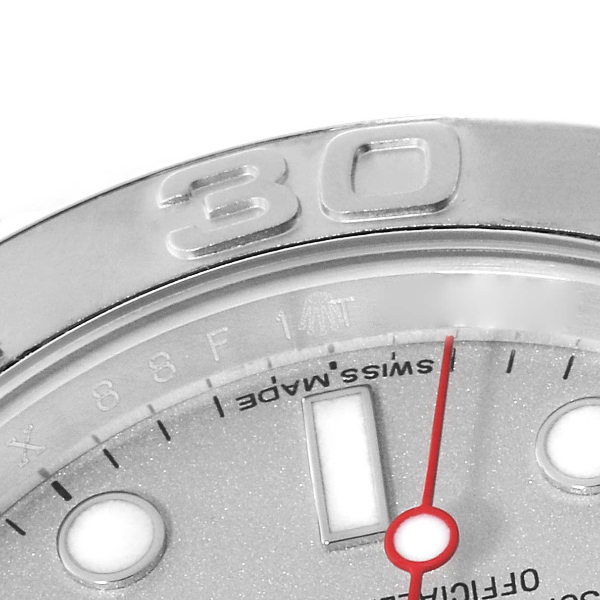 This image shows a close-up angle of the bezel and part of the dial of a Rolex Yacht-Master 116622 Men's Stainless Steel Silver Dial 116622 Men's Stainless Steel Silver Dial watch.