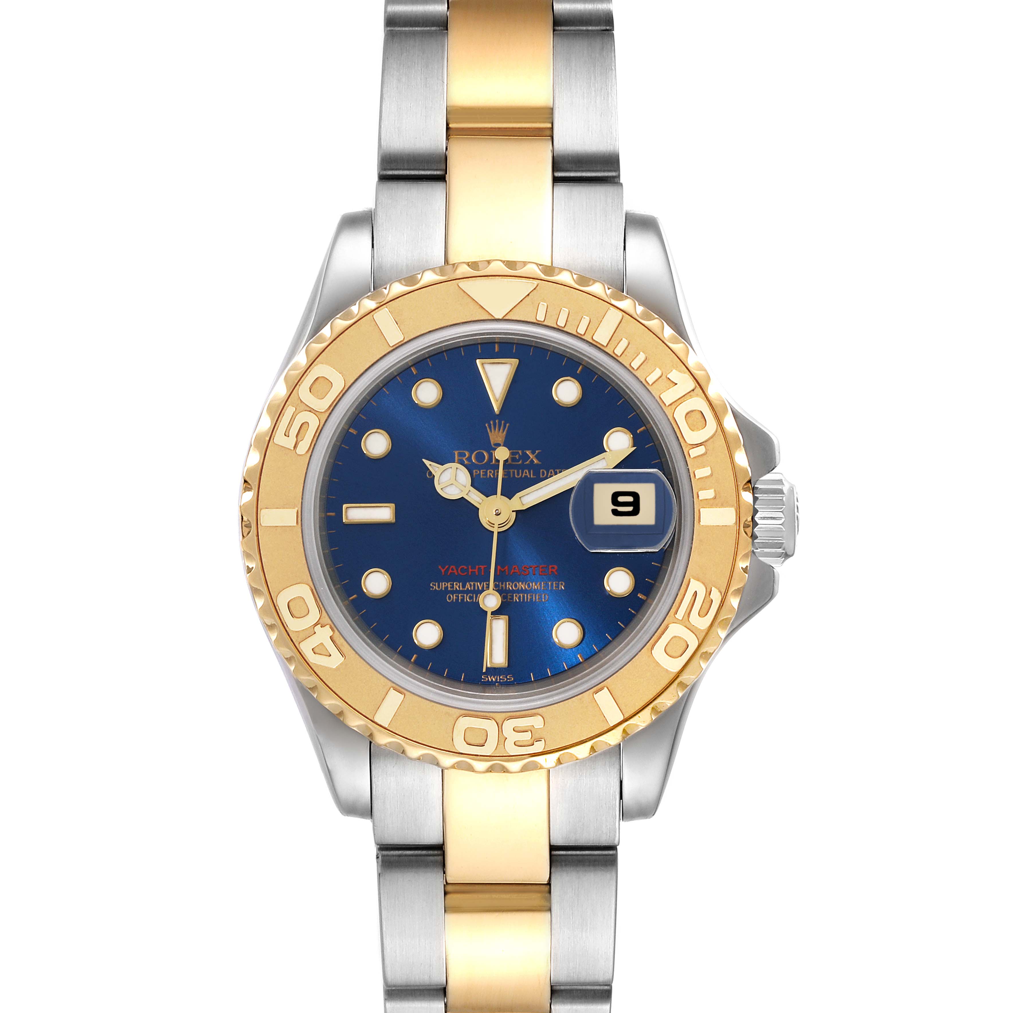 This image shows a front view of a Rolex Yacht-Master 169623 Women's Steel and Gold (two tone) Blue Dial 169623 Women's Steel and Gold (two tone) Blue Dial watch, featuring a gold bezel, blue dial, and a two-tone metal bracelet.