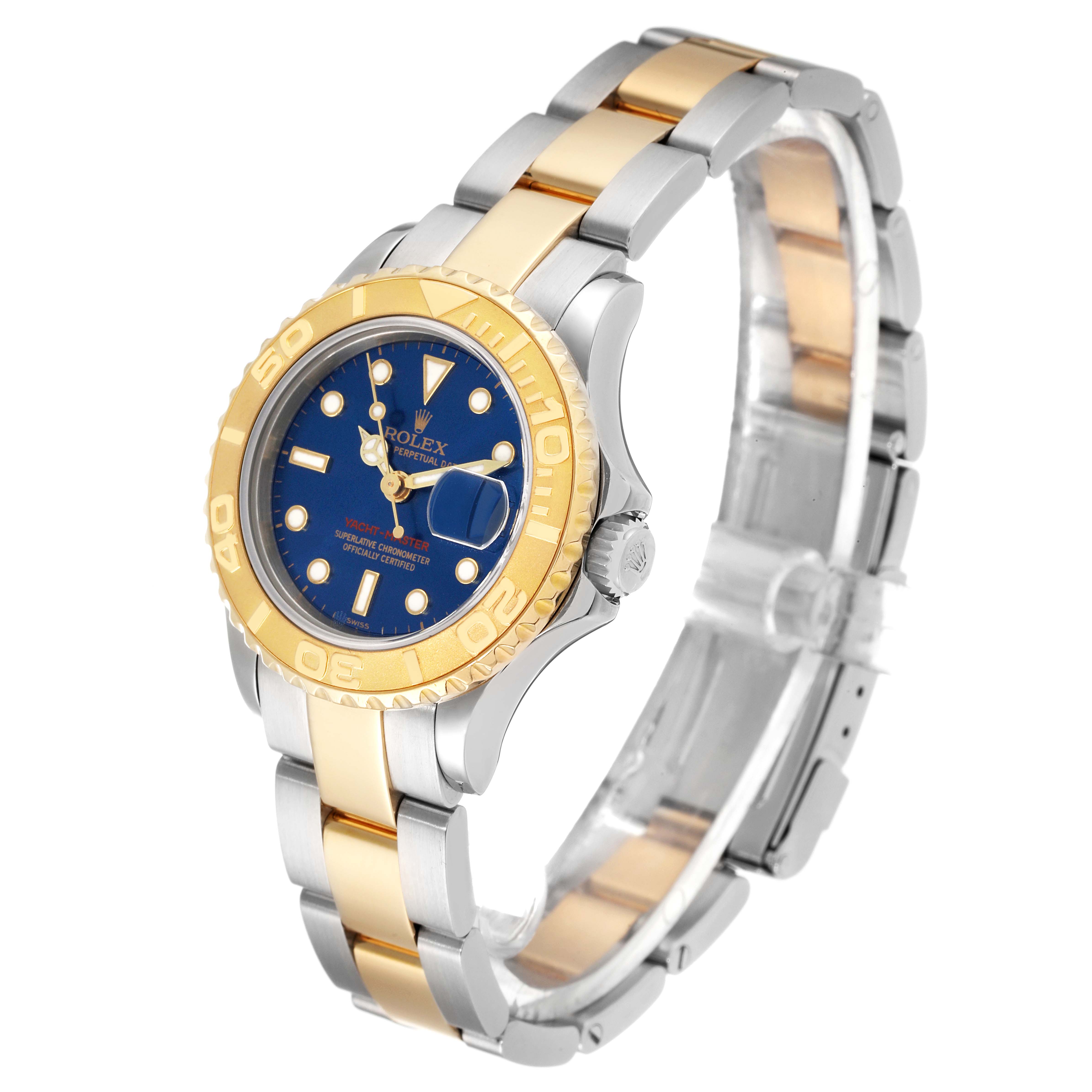 This Rolex Yacht-Master 169623 Women's Steel and Gold (two tone) Blue Dial 169623 Women's Steel and Gold (two tone) Blue Dial watch is shown at an oblique angle, highlighting the dial, case, crown, and bracelet.