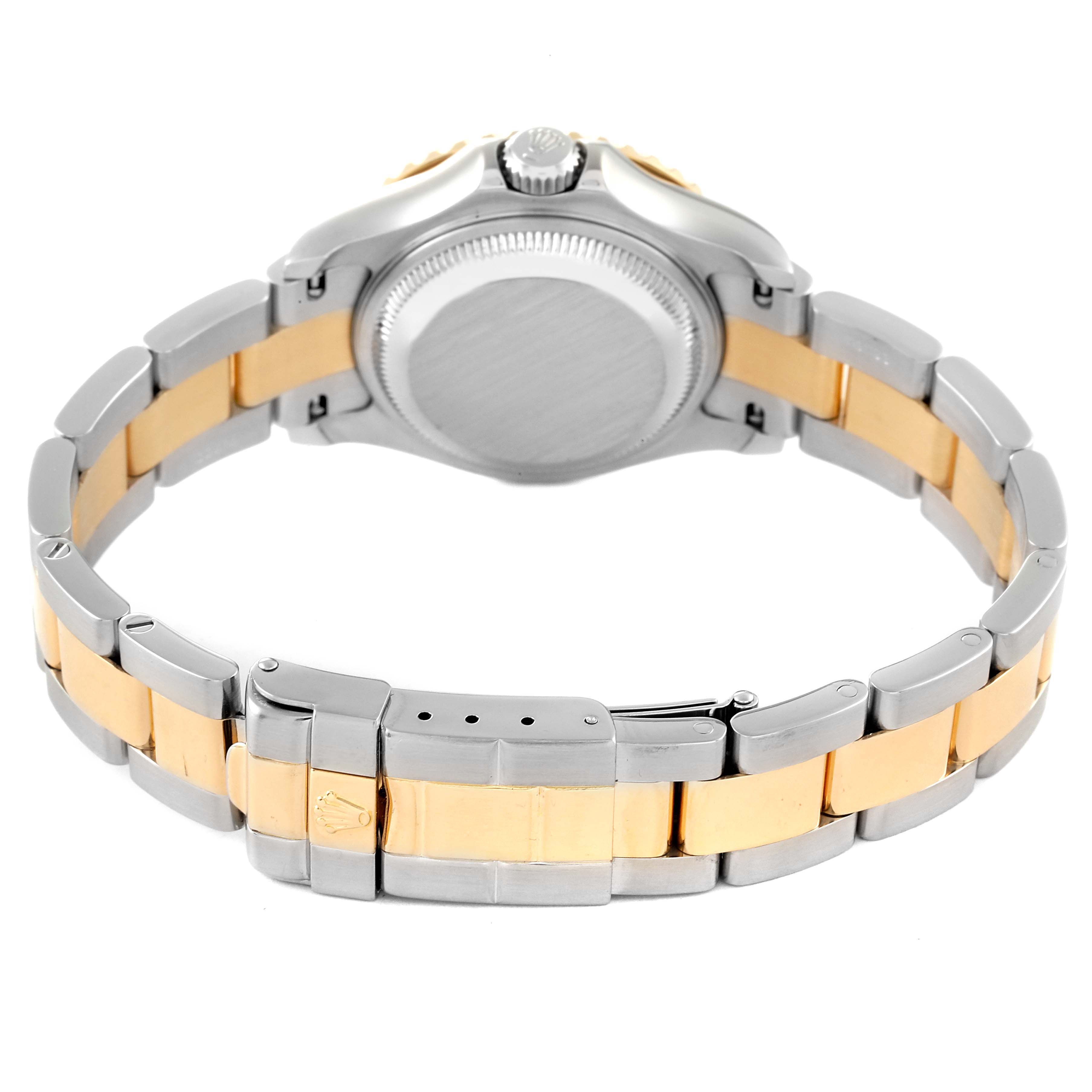 This image shows the back case and bracelet of the Rolex Yacht-Master 169623 Women's Steel and Gold (two tone) Blue Dial 169623 Women's Steel and Gold (two tone) Blue Dial, featuring a two-tone metal design.