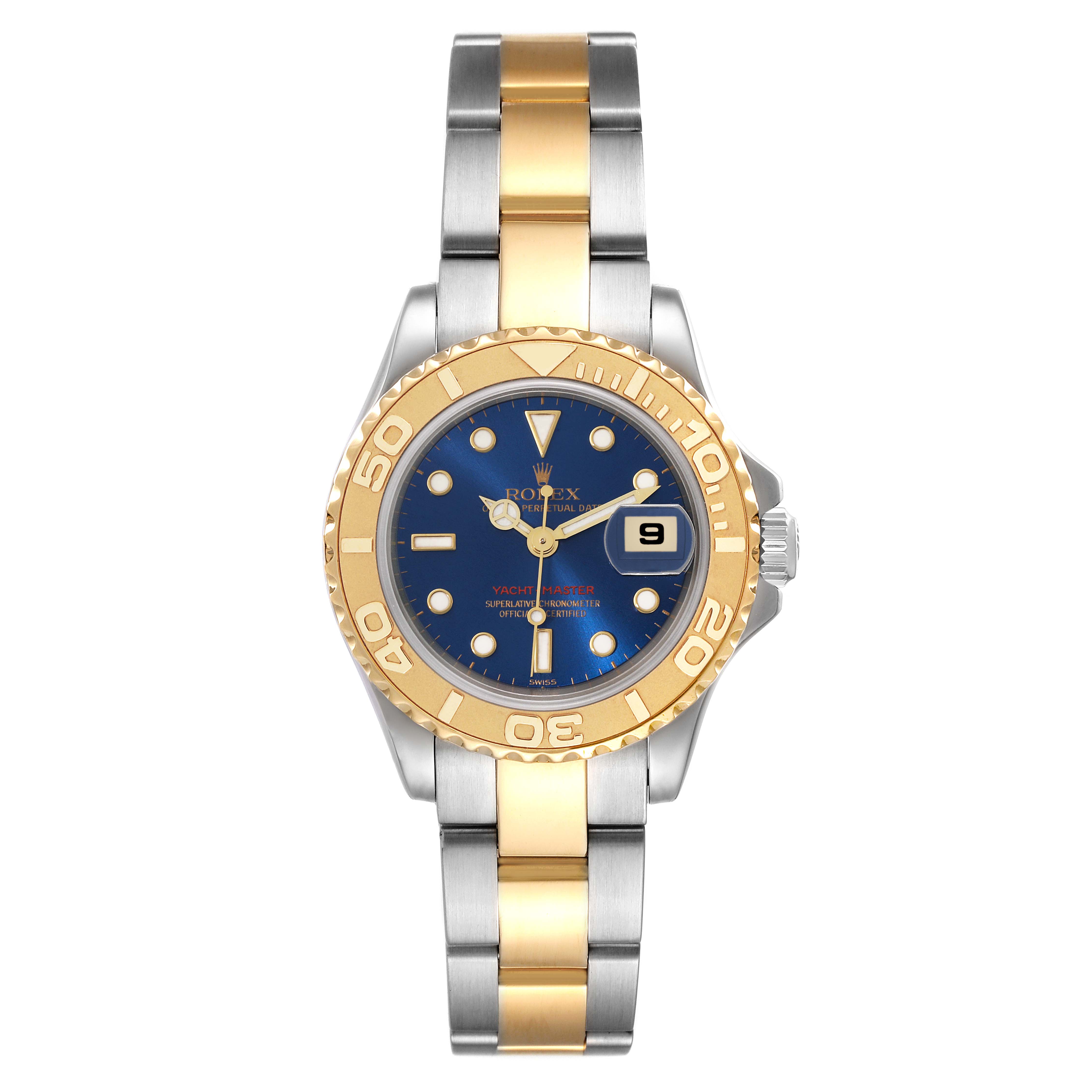 The Rolex Yacht-Master 169623 Women's Steel and Gold (two tone) Blue Dial 169623 Women's Steel and Gold (two tone) Blue Dial watch is shown from a top-down angle, highlighting its blue dial, gold bezel, and two-tone bracelet.