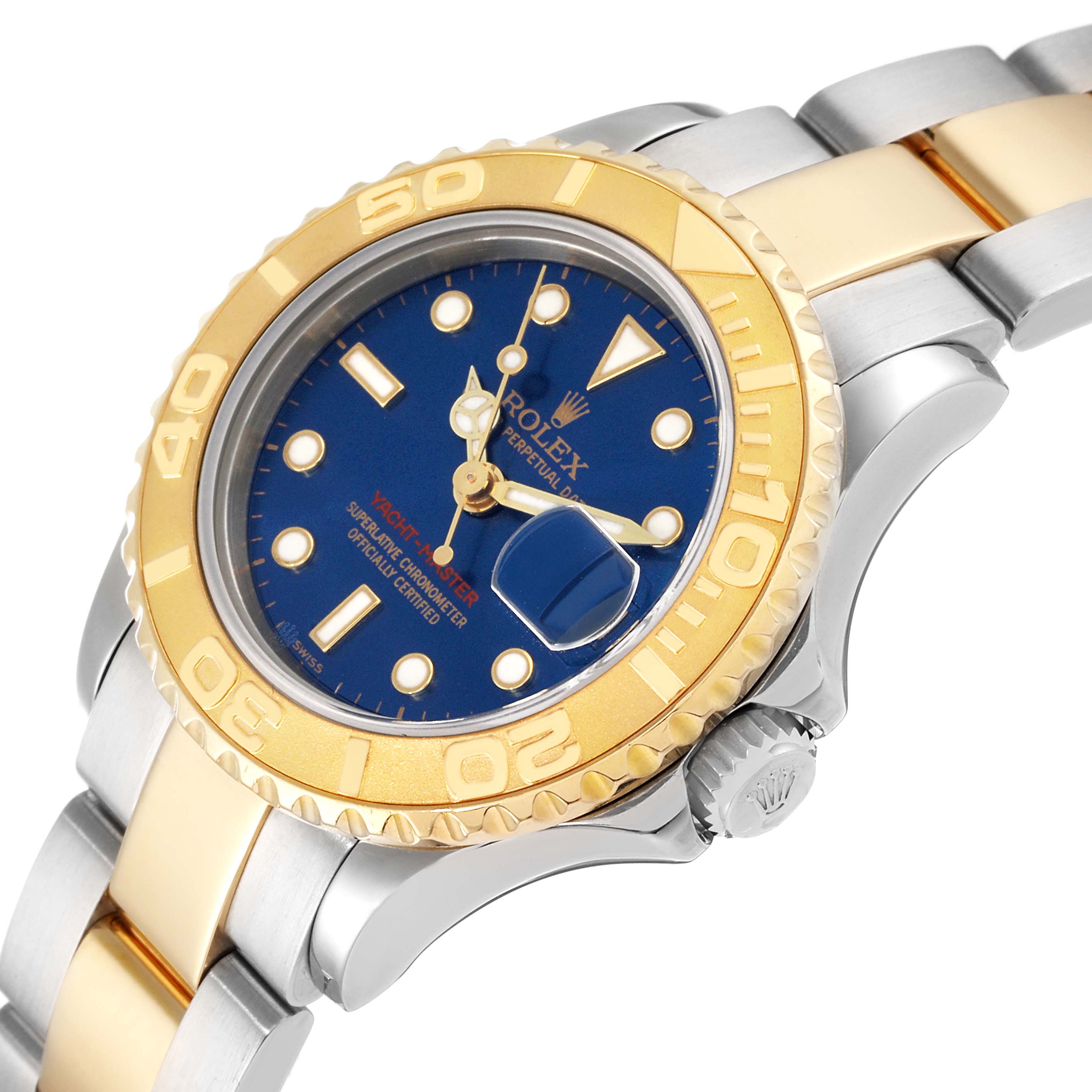 The image shows a Rolex Yacht-Master 169623 Women's Steel and Gold (two tone) Blue Dial 169623 Women's Steel and Gold (two tone) Blue Dial watch at a slight angle, highlighting the bezel, blue dial, crown, and part of the bracelet.