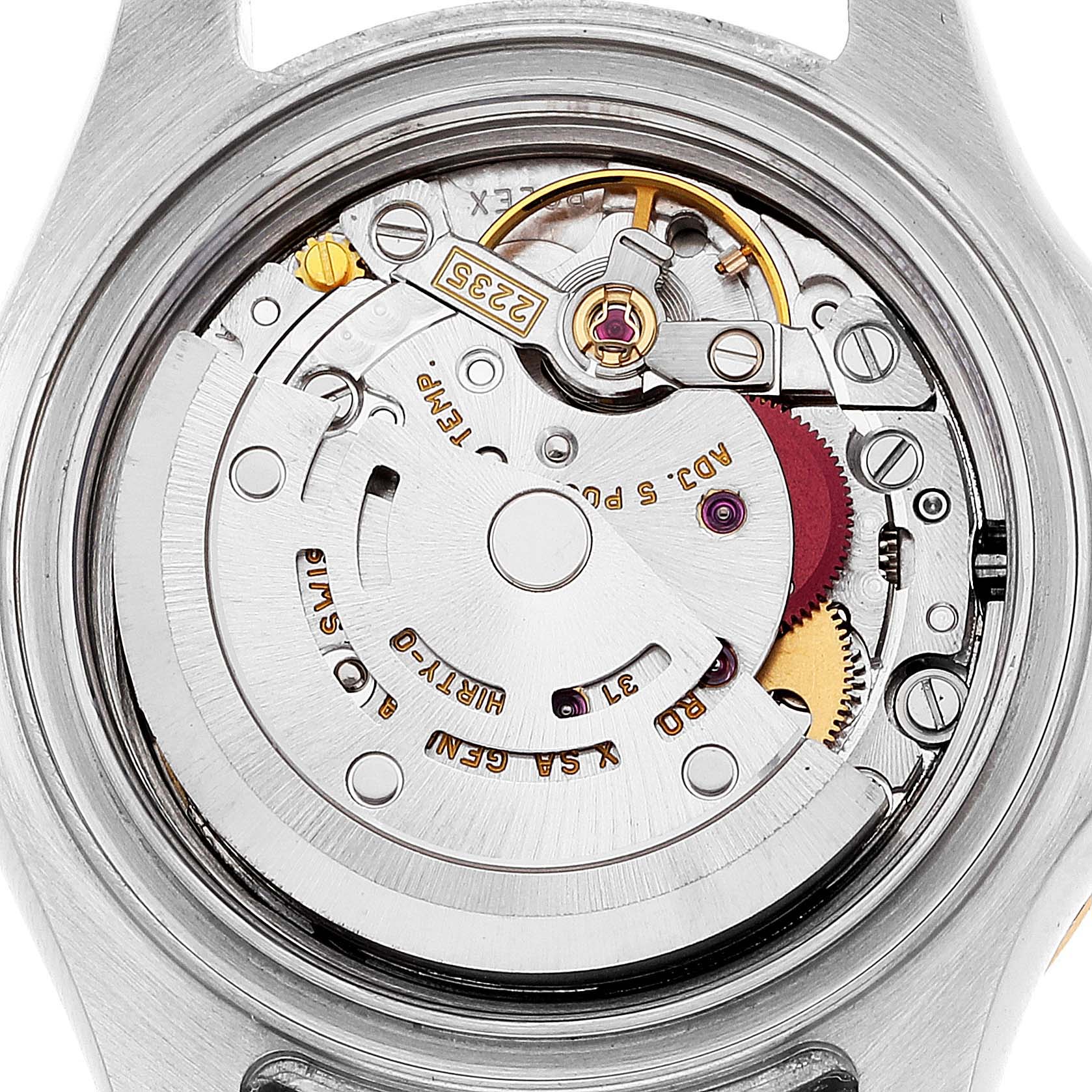 The image shows the internal mechanism of a Rolex Yacht-Master 169623 Women's Steel and Gold (two tone) Blue Dial 169623 Women's Steel and Gold (two tone) Blue Dial watch from a back view angle.