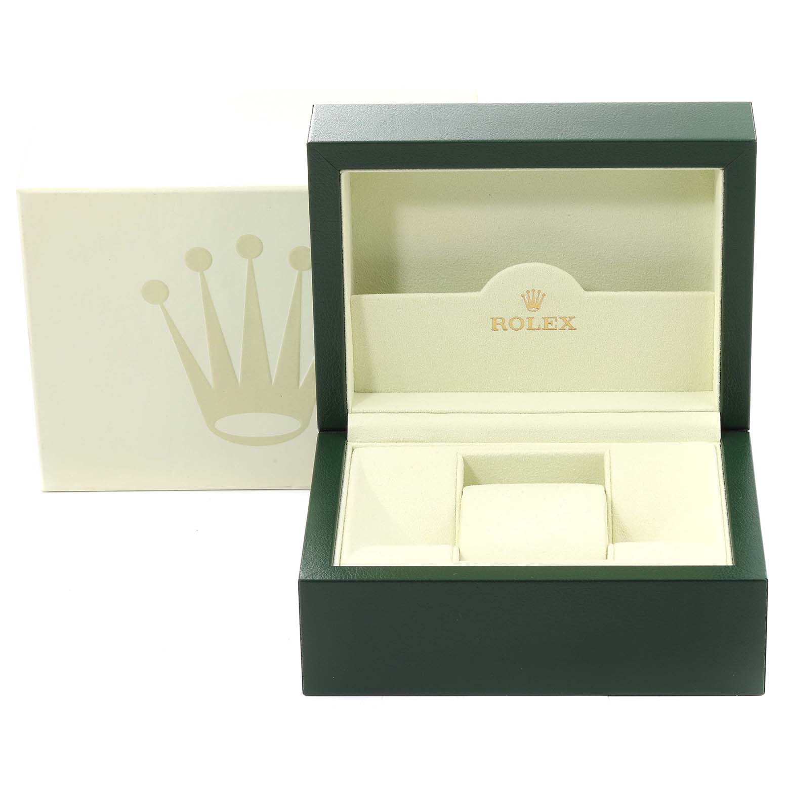 This image shows an open green Rolex box for the Yacht-Master model, with the crown logo and brand name inside.