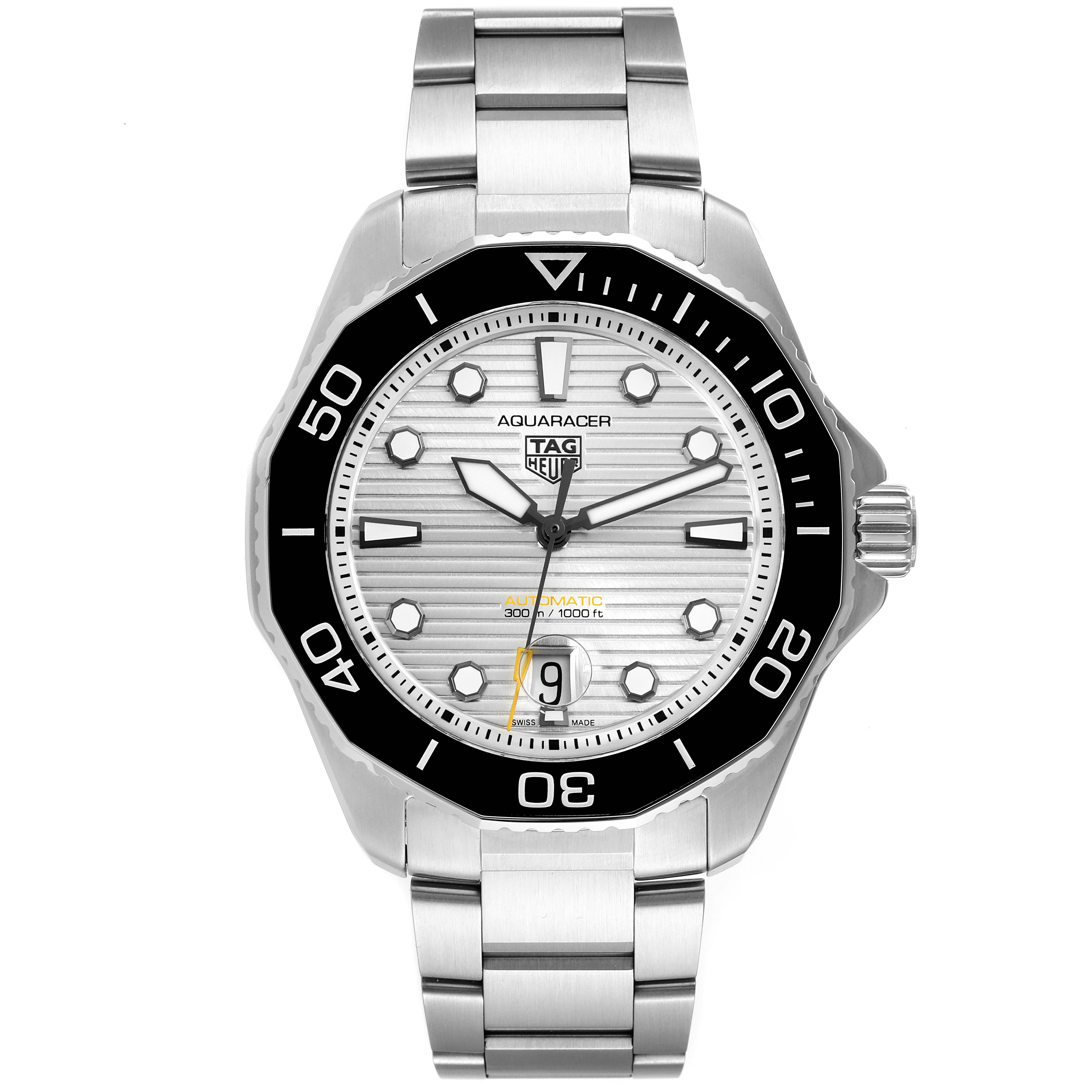 The image shows a front view of a Tag Heuer Aquaracer WBP201C Men's Stainless Steel Silver Dial WBP201C Men's Stainless Steel Silver Dial watch, highlighting its stainless steel bracelet, bezel, and dial.