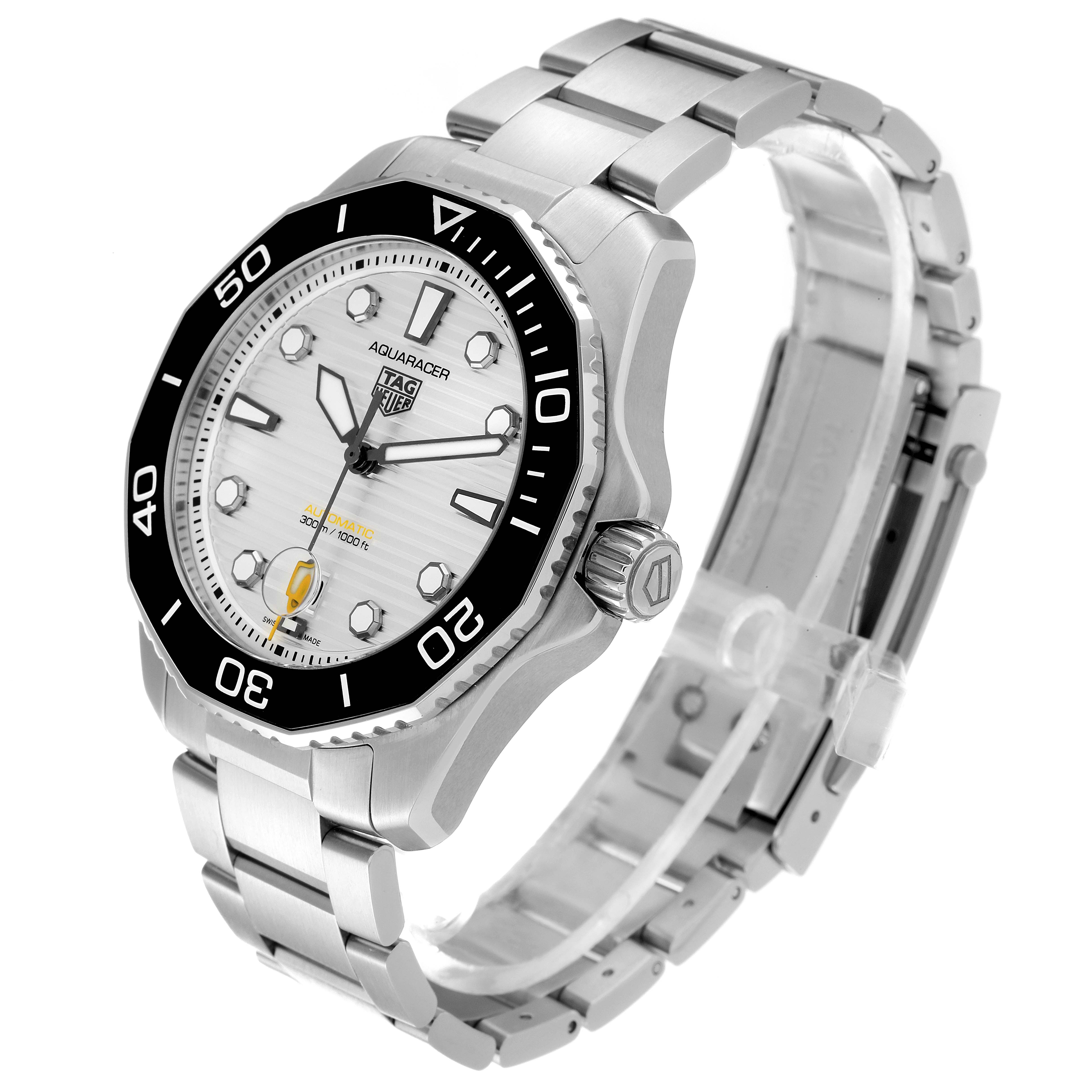 The Tag Heuer Aquaracer WBP201C Men's Stainless Steel Silver Dial WBP201C Men's Stainless Steel Silver Dial watch is shown at a 45-degree angle, featuring the face, bezel, crown, and bracelet.