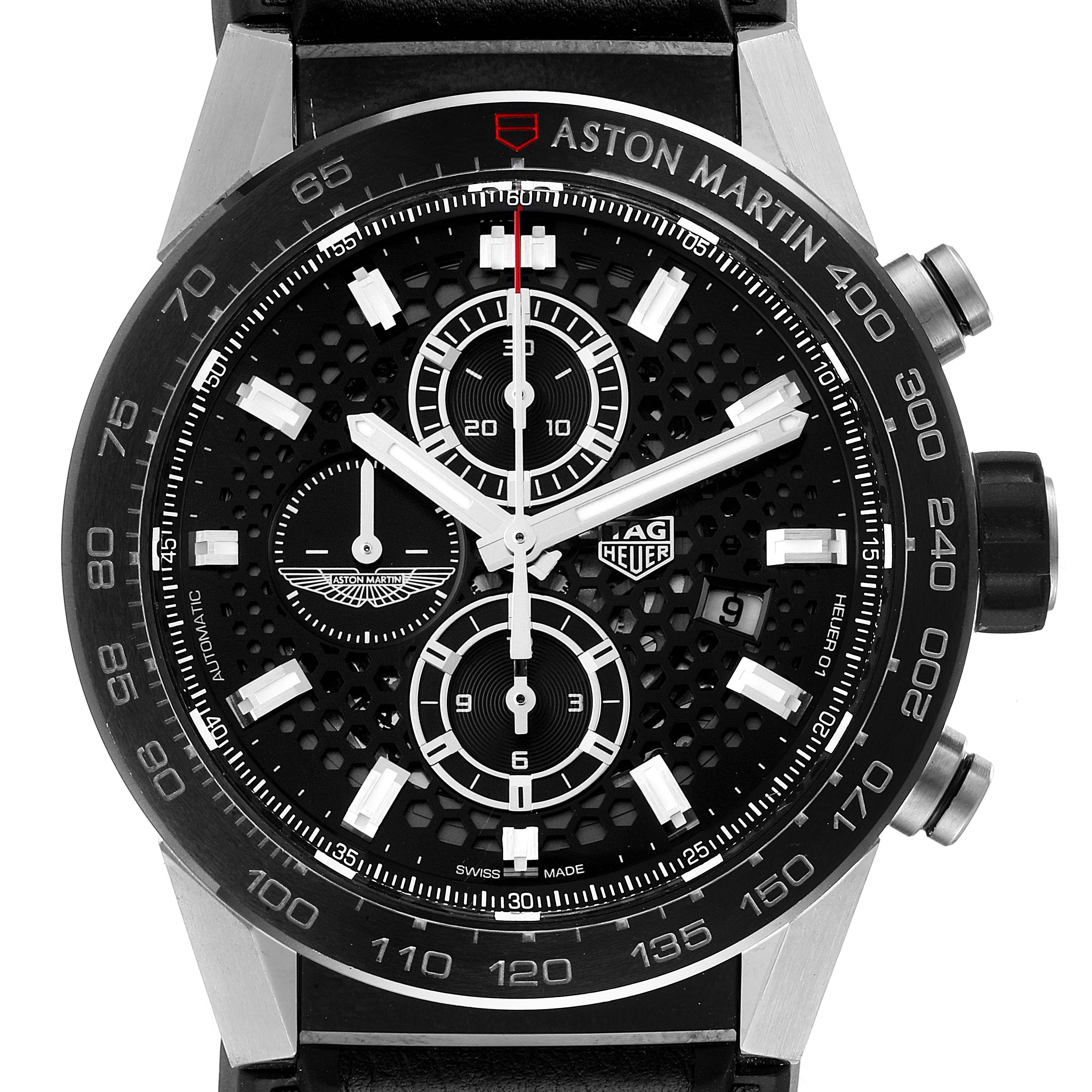 This image shows a frontal view of a Tag Heuer Carrera CAR2A1AB.FT6163 Men's Stainless Steel Black Dial CAR2A1AB.FT6163 Men's Stainless Steel Black Dial watch, displaying the dial, subdials, markers, and brand logos.