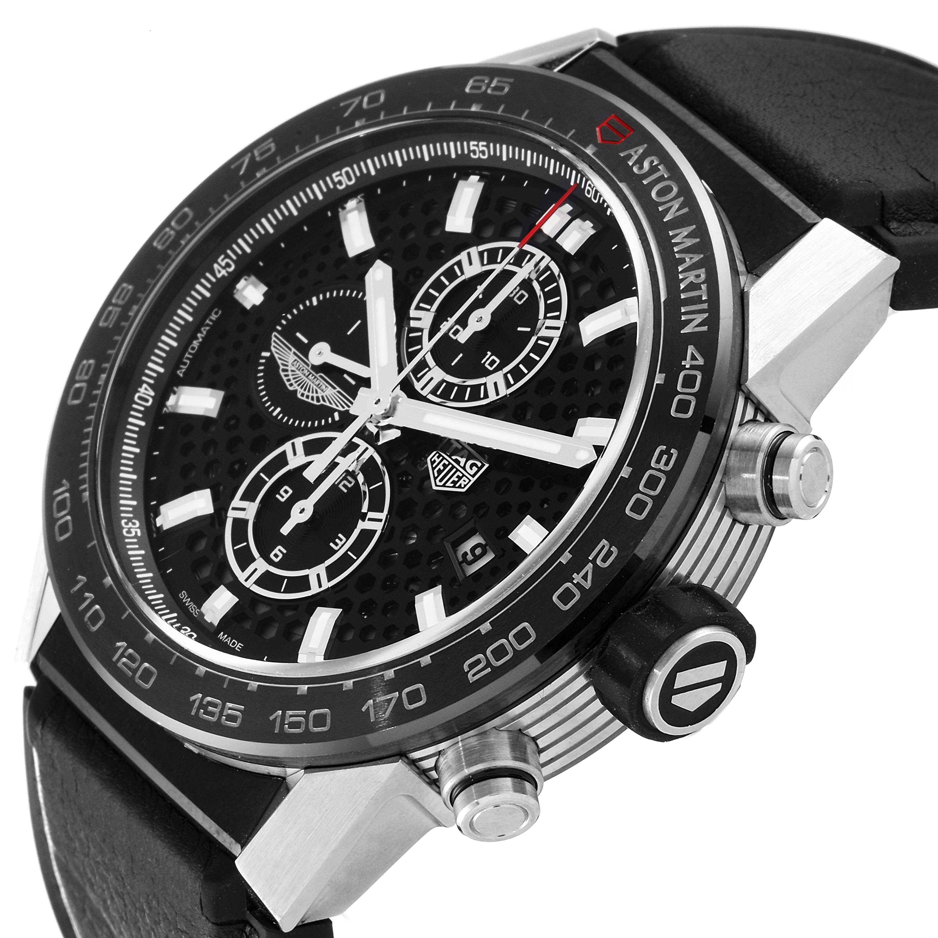 This image shows a close-up angled view of the dial, bezel, and pushers of the Tag Heuer Carrera CAR2A1AB.FT6163 Men's Stainless Steel Black Dial CAR2A1AB.FT6163 Men's Stainless Steel Black Dial Aston Martin watch model.
