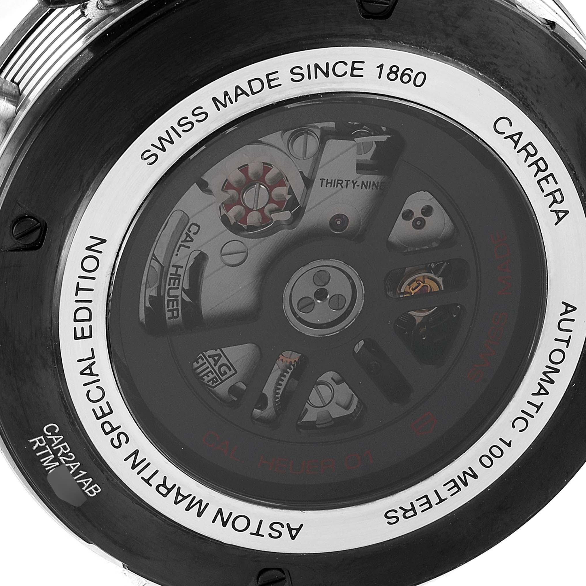 The image shows the detailed back view of the Carrera model by Tag Heuer, highlighting its automatic movement and inscriptions.