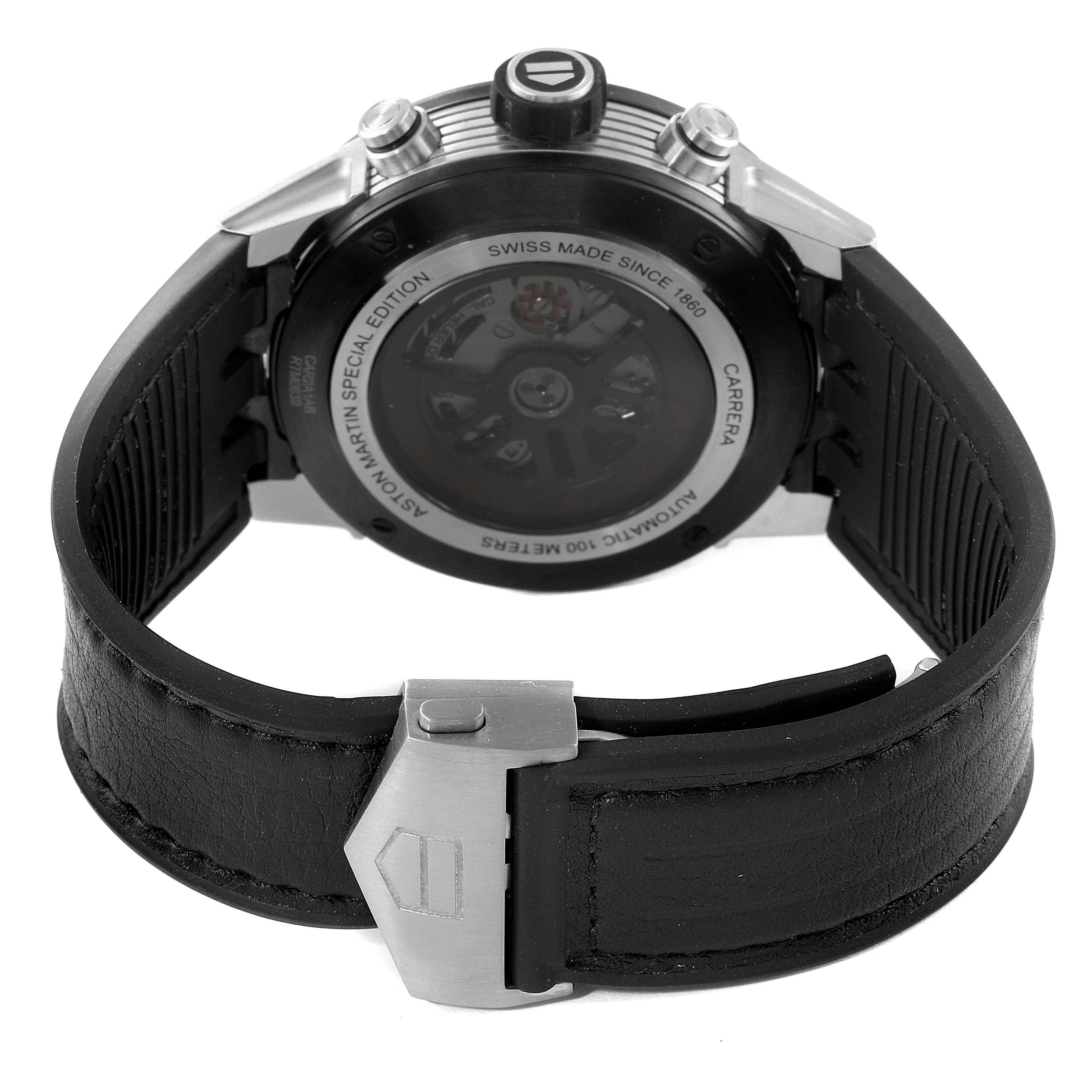 The image shows the back view of a Tag Heuer Carrera CAR2A1AB.FT6163 Men's Stainless Steel Black Dial CAR2A1AB.FT6163 Men's Stainless Steel Black Dial watch, showcasing the clasp, band, and case back.