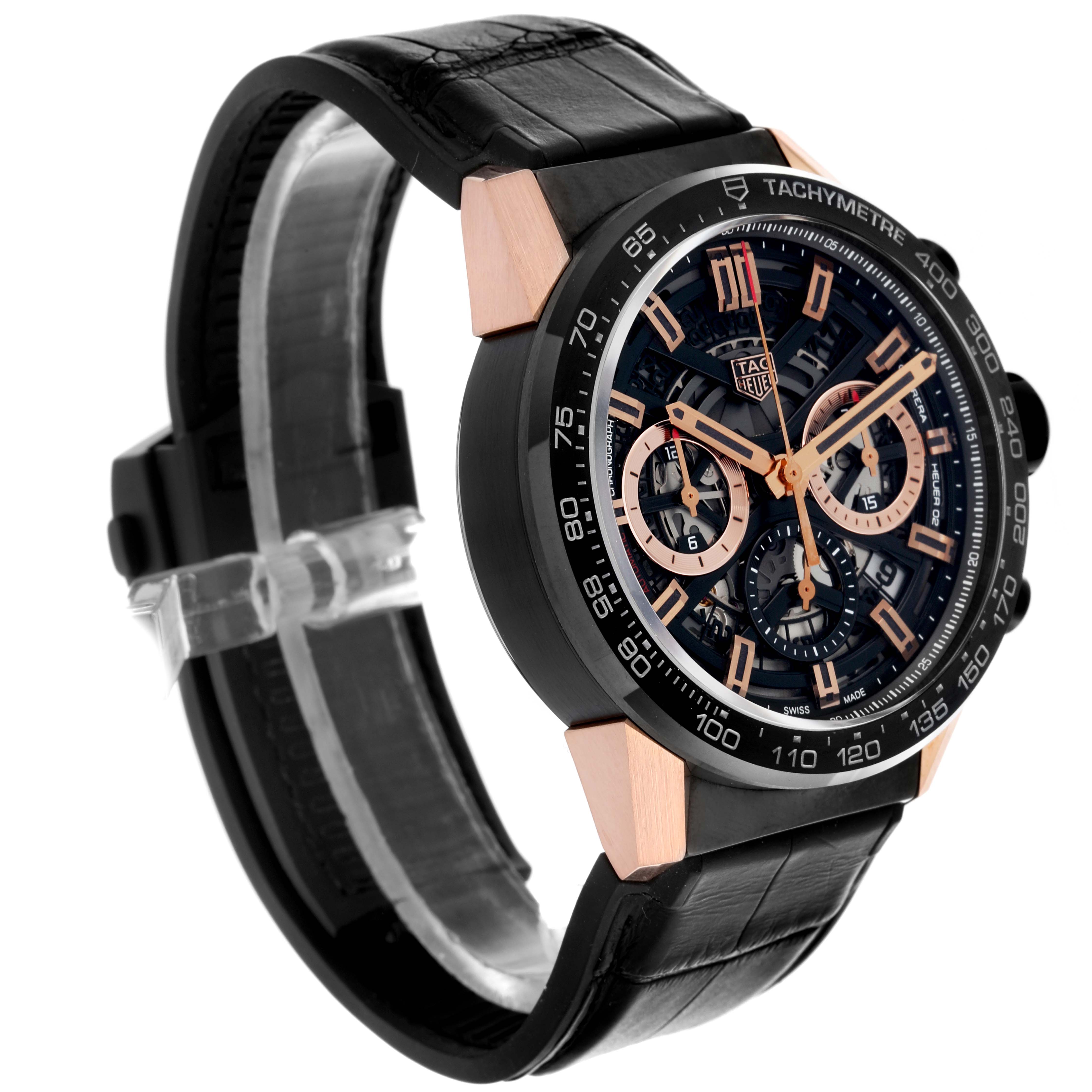 The Tag Heuer Carrera CAR2050.FC6426 Men's Steel and Gold (two tone) Black Dial CAR2050.FC6426 Men's Steel and Gold (two tone) Black Dial watch is shown at a three-quarter angle, highlighting the face, tachymeter bezel, and leather strap.