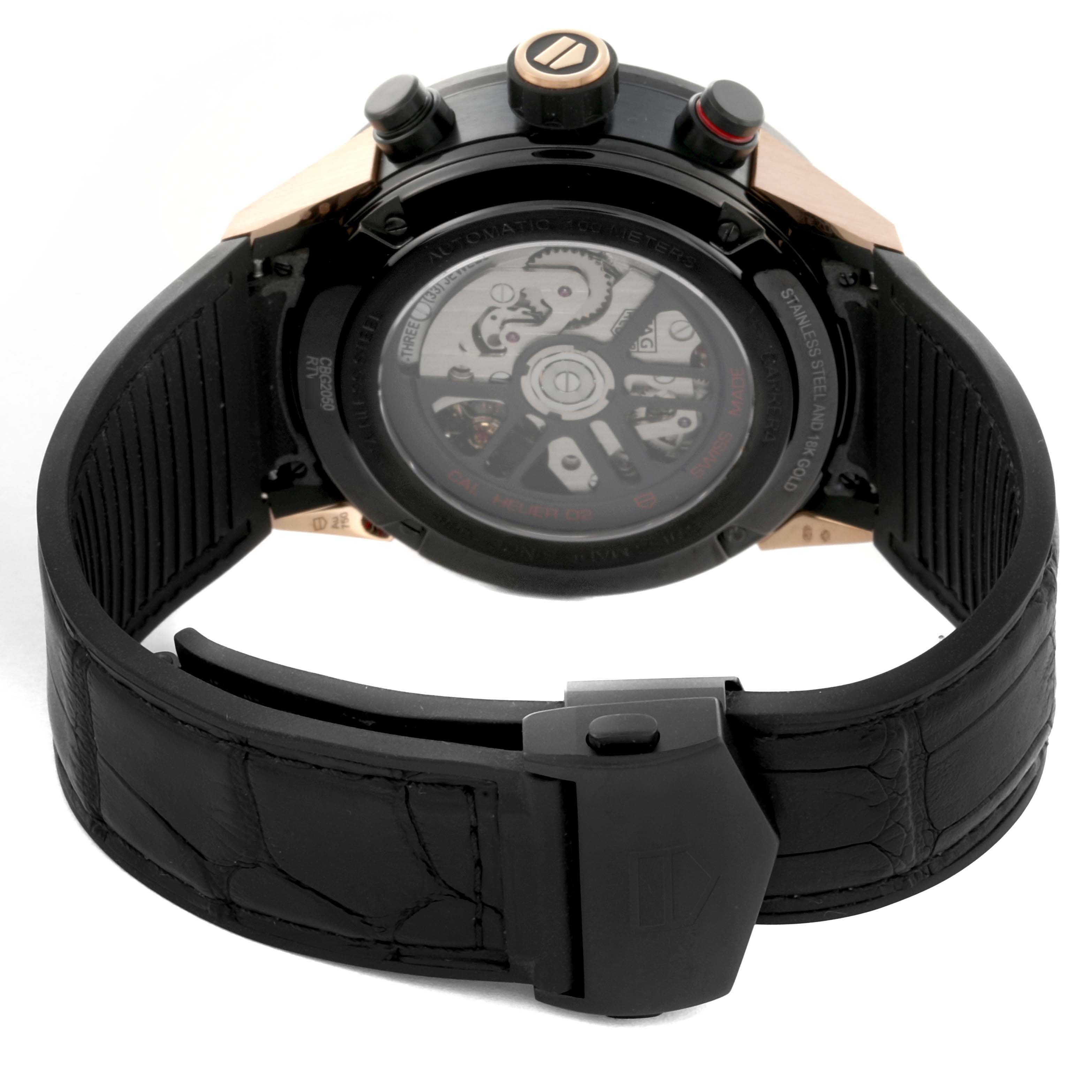 The Tag Heuer Carrera CAR2050.FC6426 Men's Steel and Gold (two tone) Black Dial CAR2050.FC6426 Men's Steel and Gold (two tone) Black Dial watch is shown from the back, displaying its transparent case back and black leather strap.