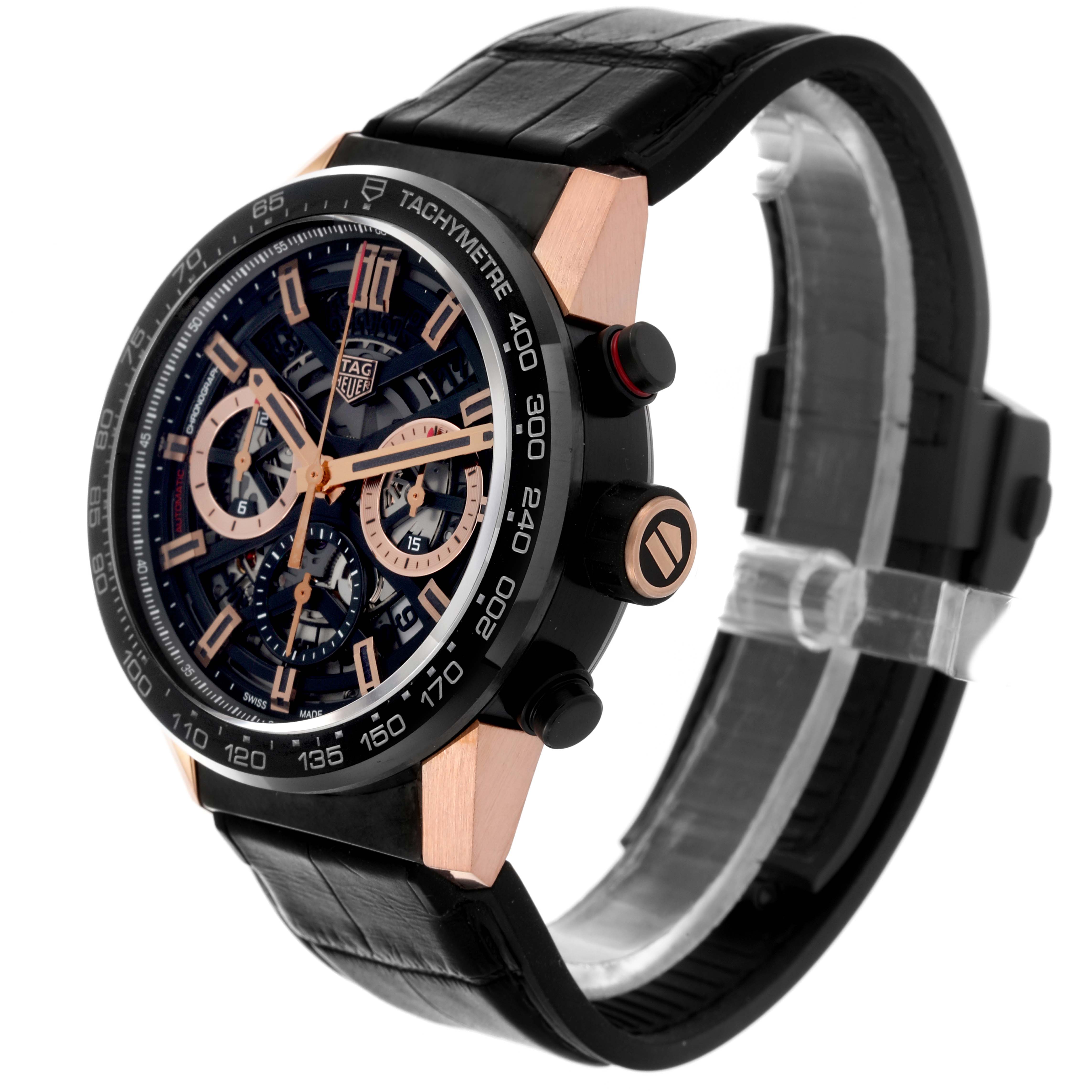 The image shows a side and front angle of the Tag Heuer Carrera CAR2050.FC6426 Men's Steel and Gold (two tone) Black Dial CAR2050.FC6426 Men's Steel and Gold (two tone) Black Dial watch, highlighting its dial, bezel, and leather strap.