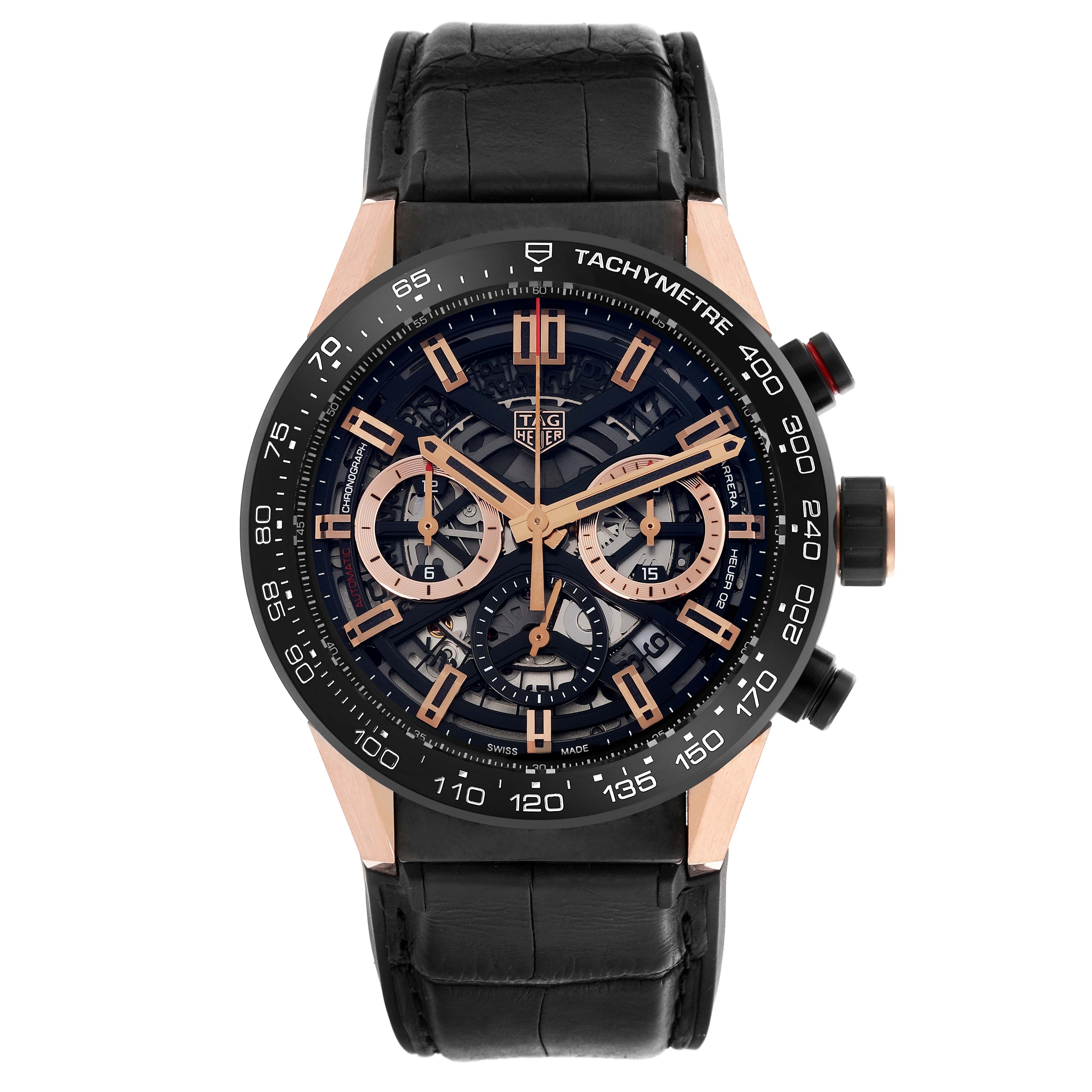 The Tag Heuer Carrera CAR2050.FC6426 Men's Steel and Gold (two tone) Black Dial CAR2050.FC6426 Men's Steel and Gold (two tone) Black Dial watch is shown from a front angle, displaying its dial, bezel, and leather strap.
